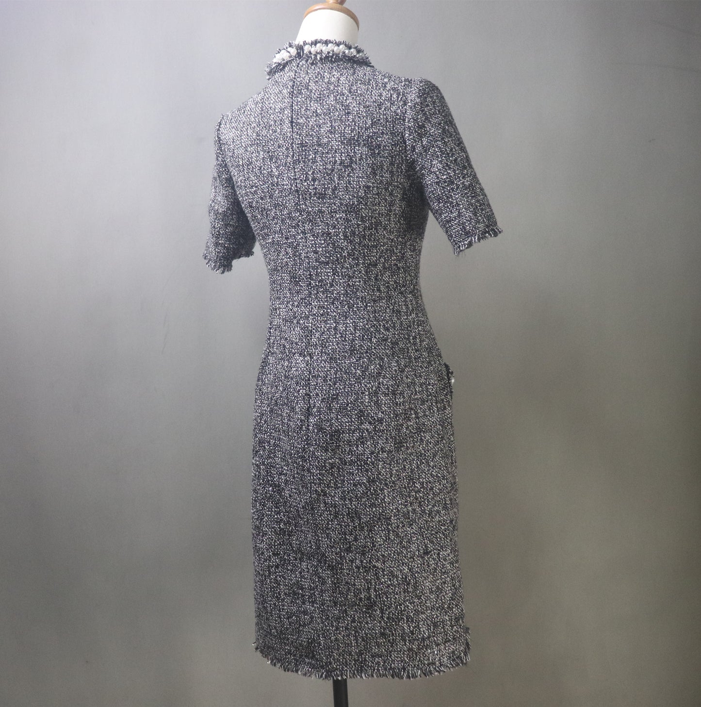 Custom Made Black Tweed Midi Dress with Pearls Trim