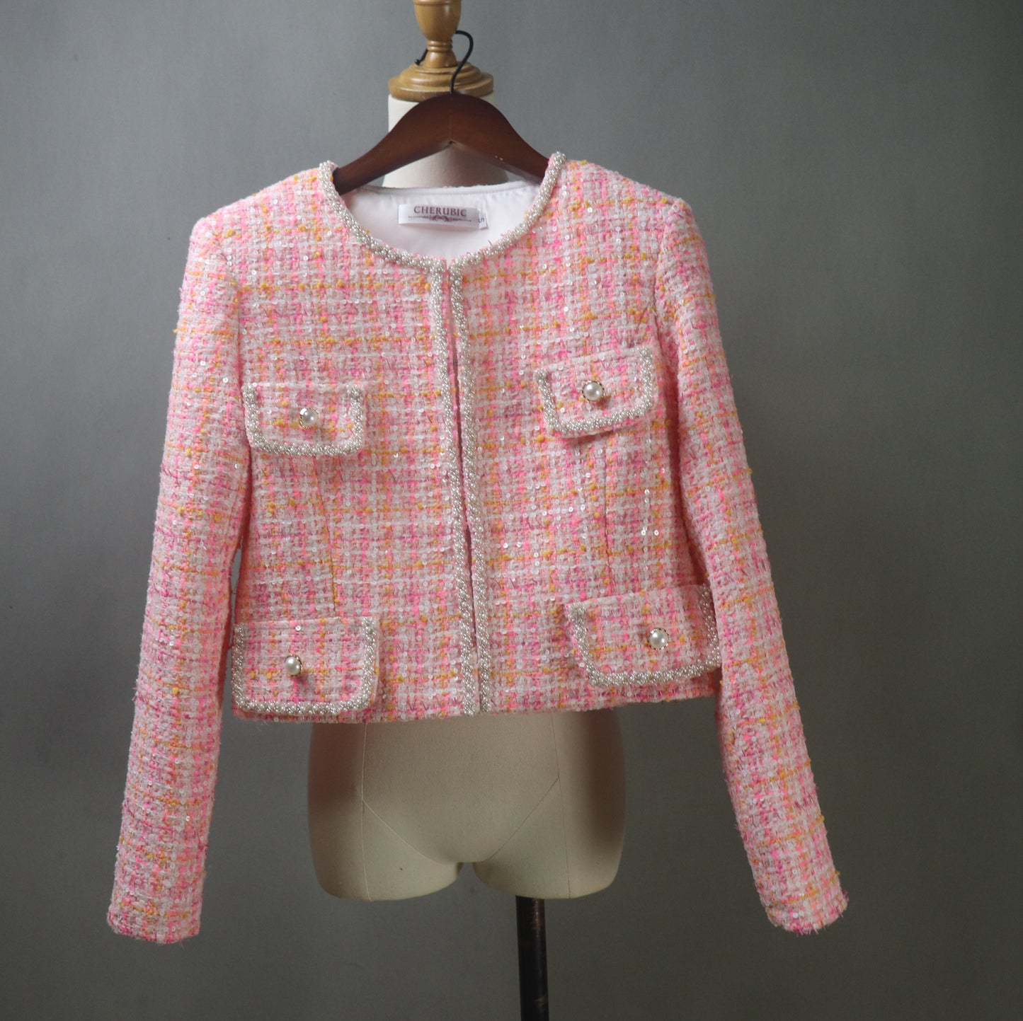 Pink Tweed Suit with Checked Pattern and Sequins