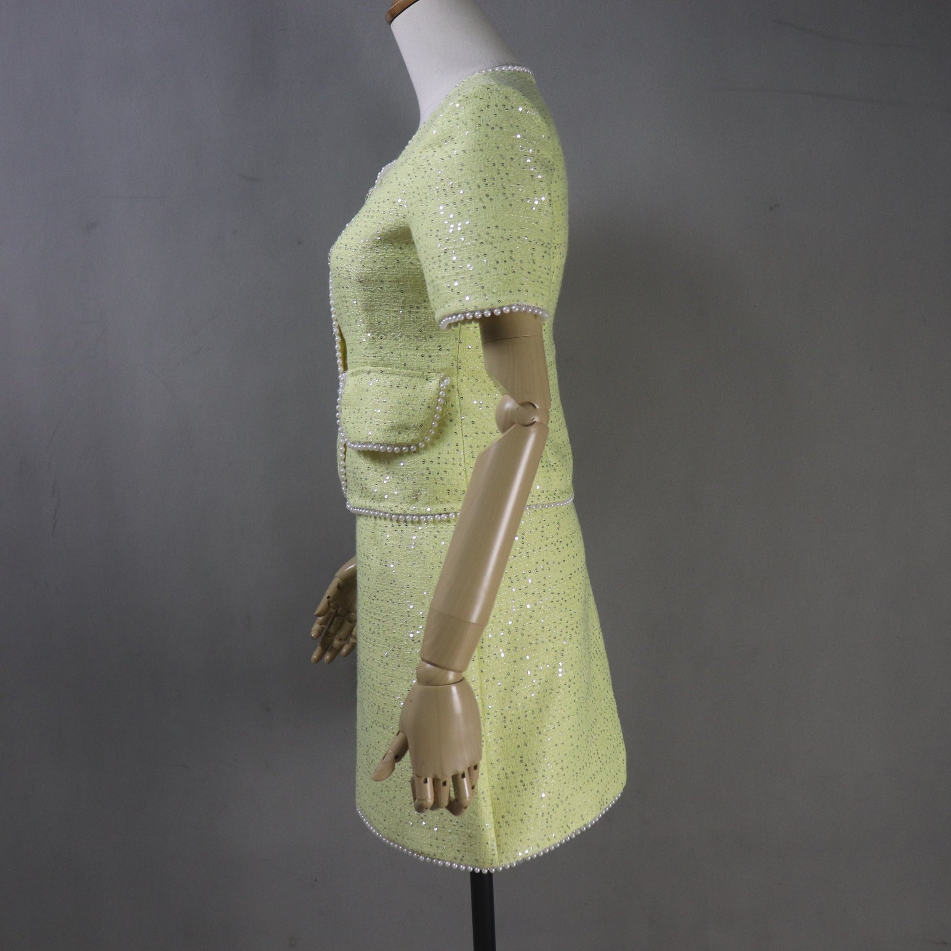 Custom Yellow Tweed Suit Set, Pearl Trim Sequin Jacket Skirt - Fashion Pioneer 