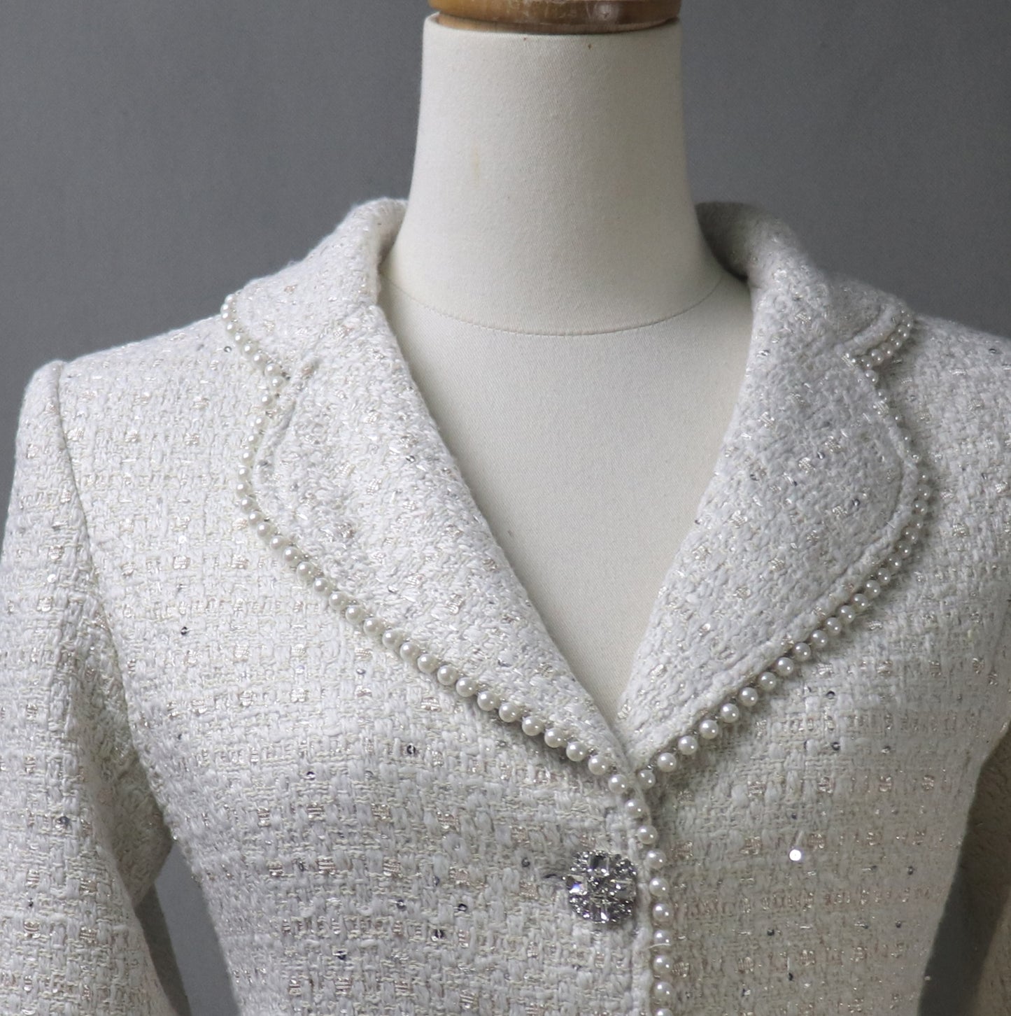 Tweed Cream White Suit With Sequins & Pearls Trim