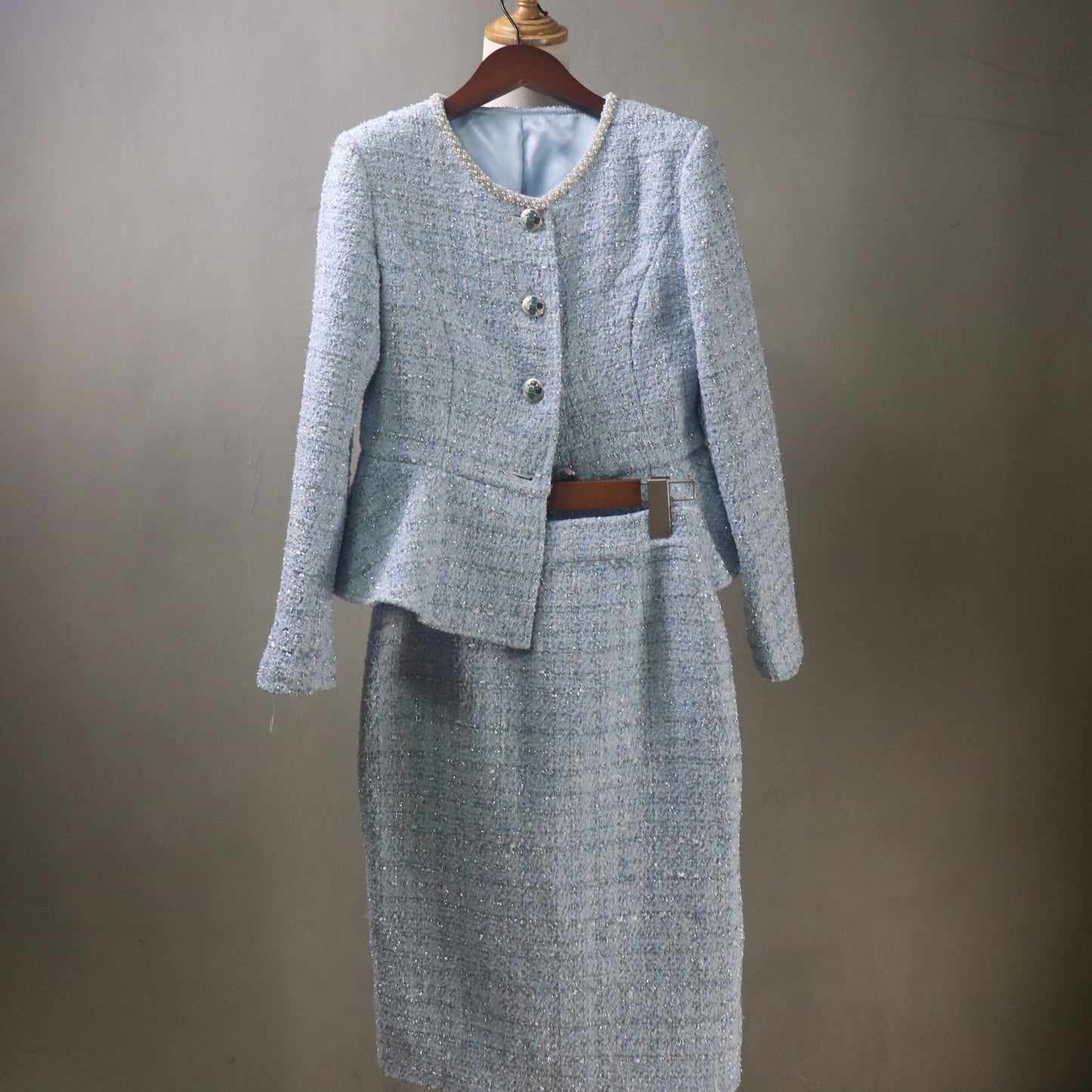 Blue Tweed Midi Skirt Suit with Pearls & Sparkle