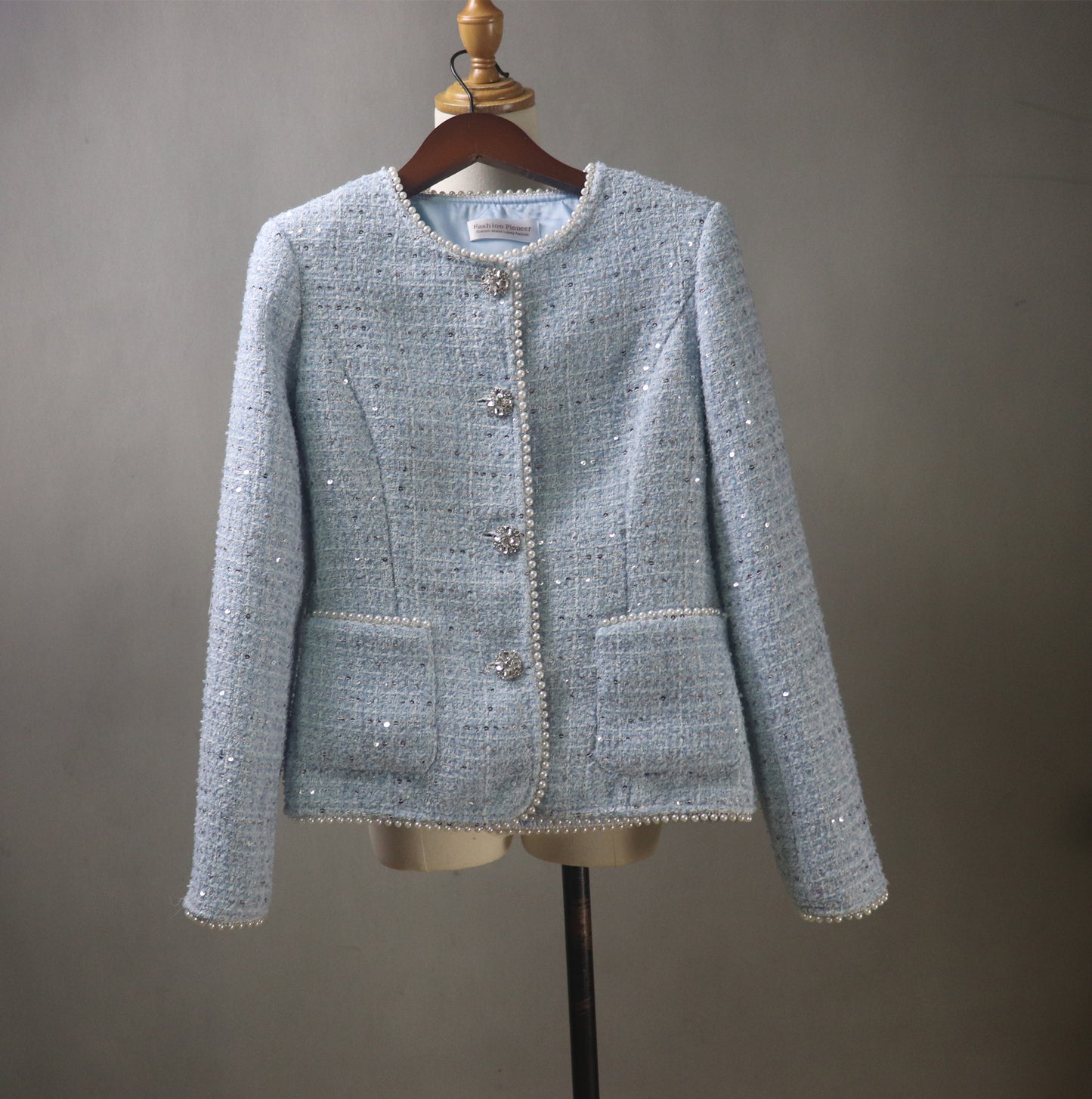 Bespoke Blue Tweed Skirt Suit With Pearls & Sequins