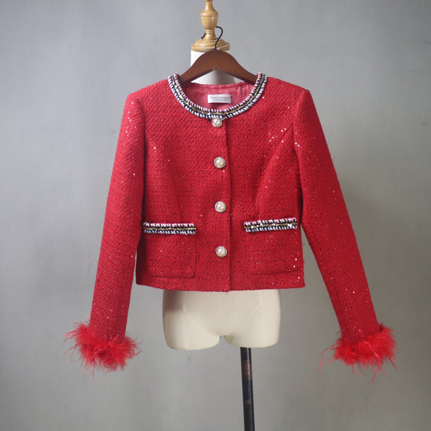 Red Sequin Tweed Skirt Suit with Feather Cuffs – Custom Handmade Women’s Two-Piece Outfit