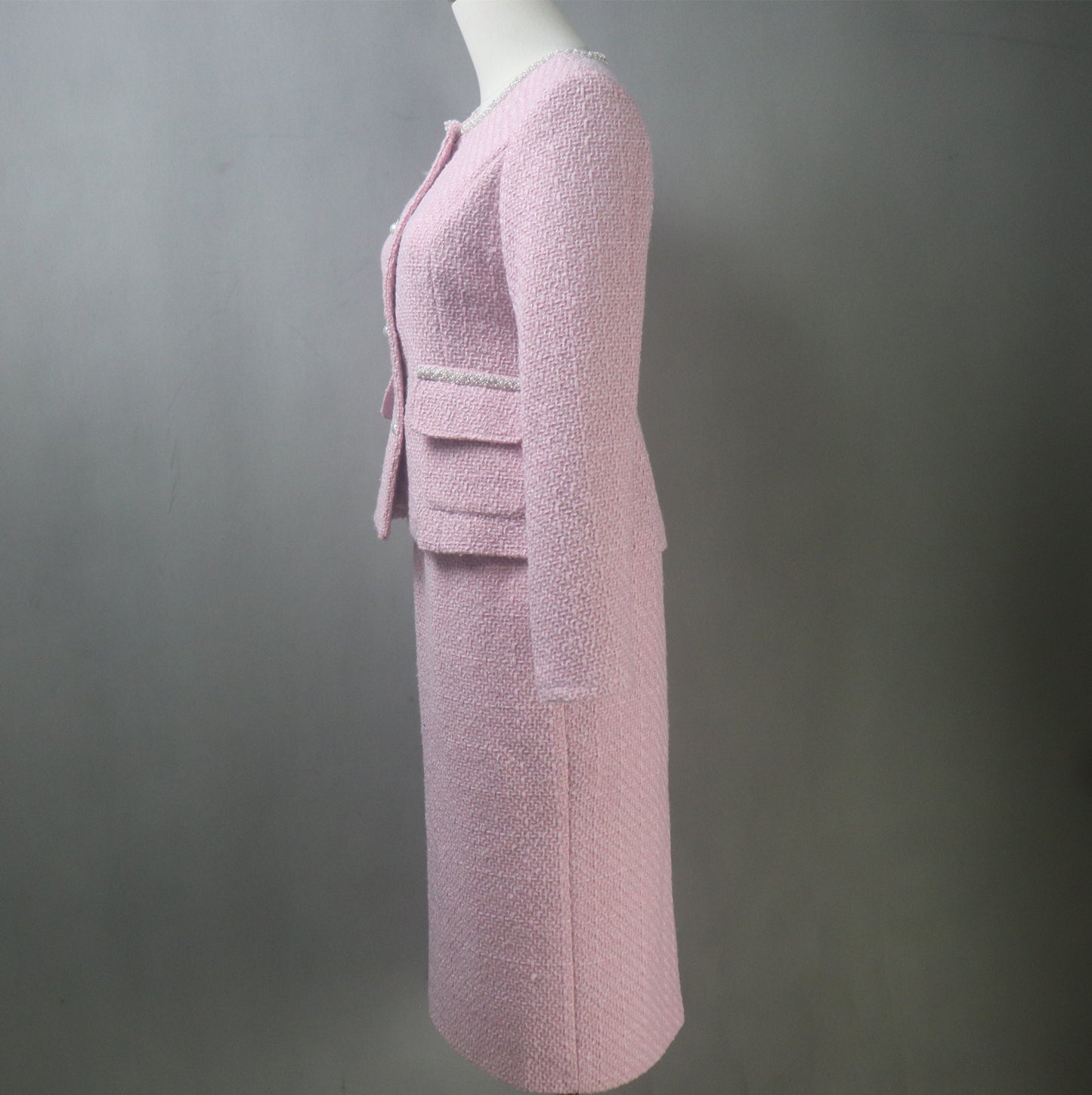 Pink Tweed Long Skirt Suit with Pearl Trim & Buttons