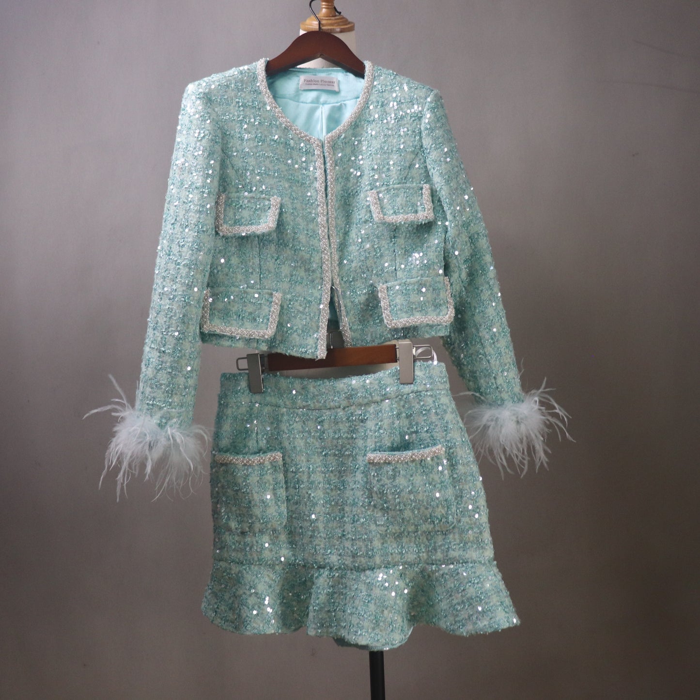 Custom Aqua Sequin Tweed Skirt Suit – Made-to-Measure, Fish Tail Skirt Set with Feather Cuffs