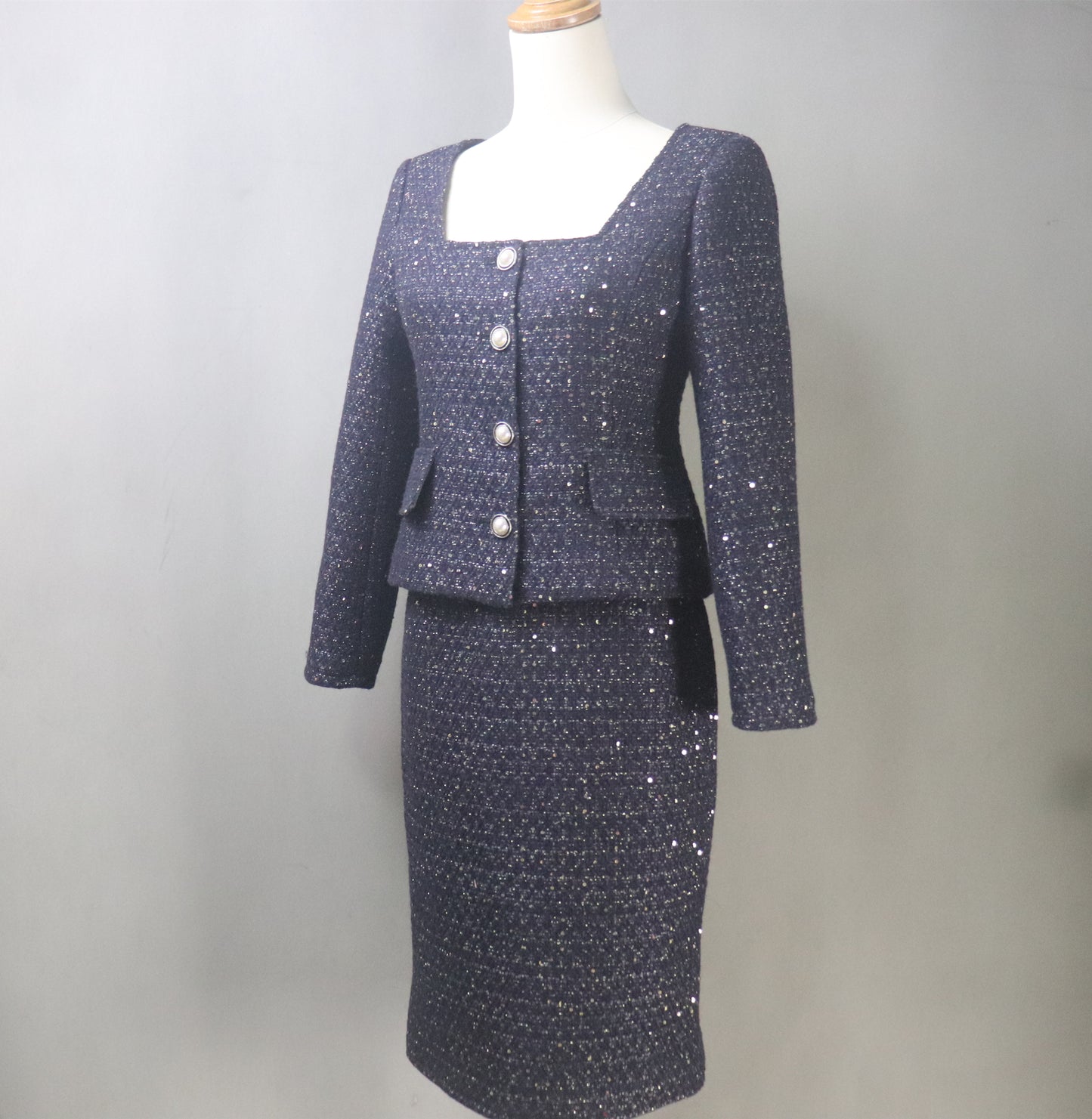 Sparkling Navy Tweed Skirt Suit with Sequins