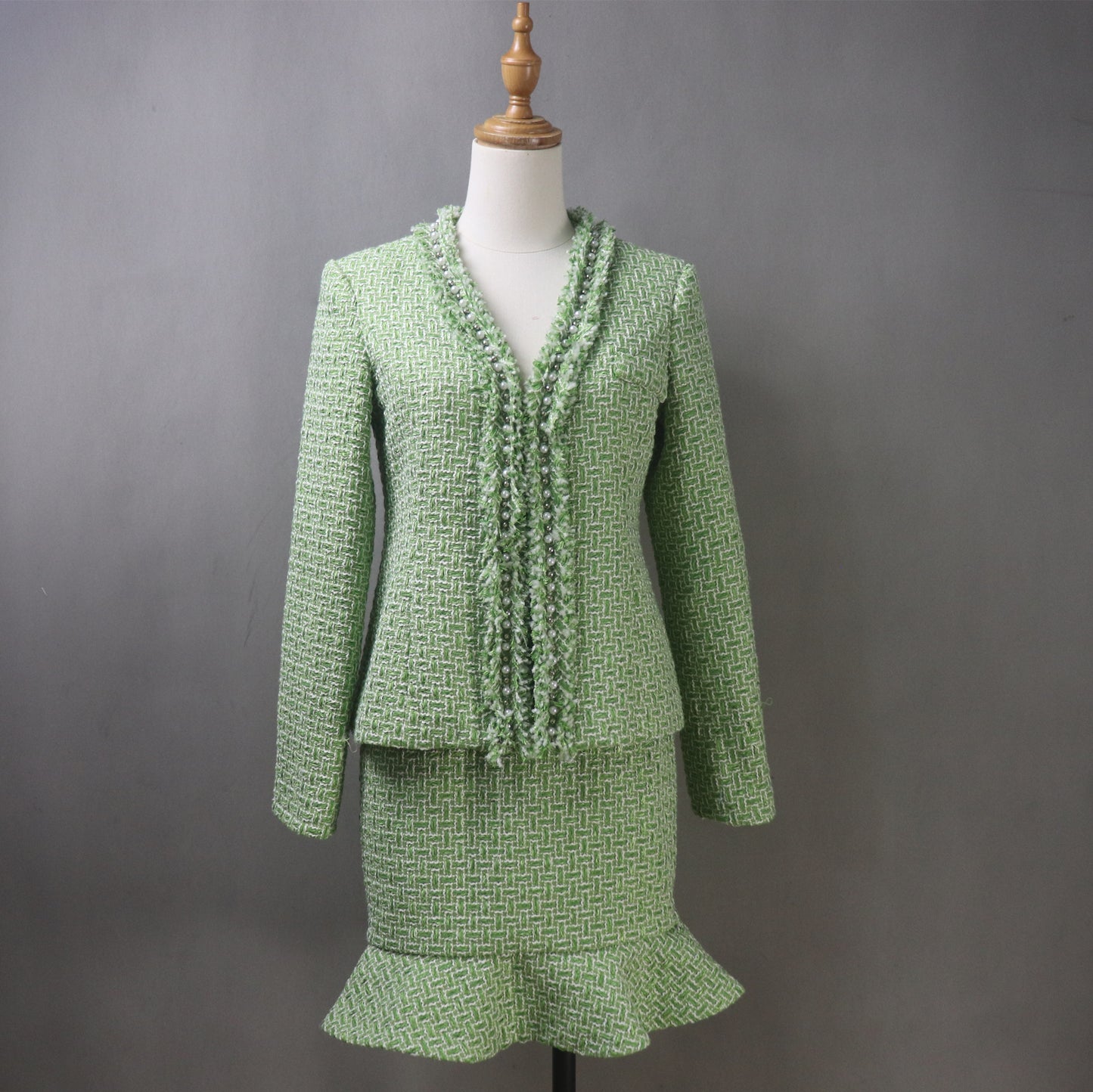 Lime Cream Tweed Fishtail Skirt Suit with Tassel Fringe & Pearls