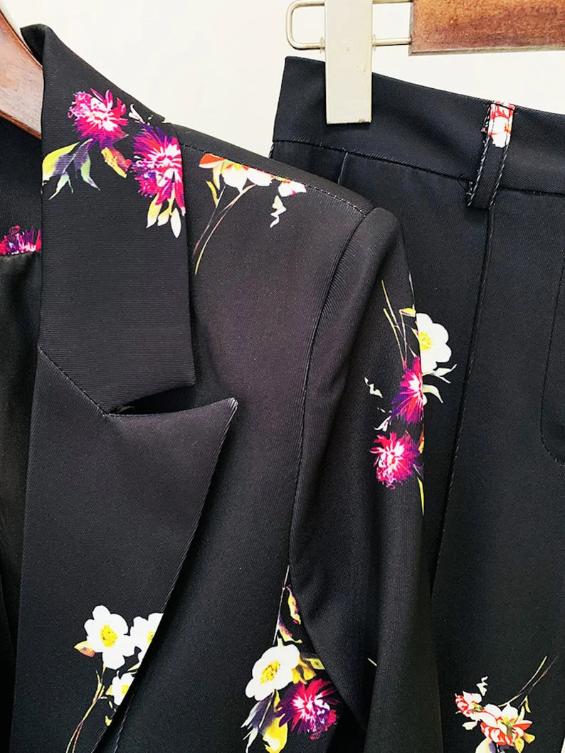 Black One Button Deep V Neck Floral Fitted Blazer + Flare Trousers Black Pants Suit for Ladies