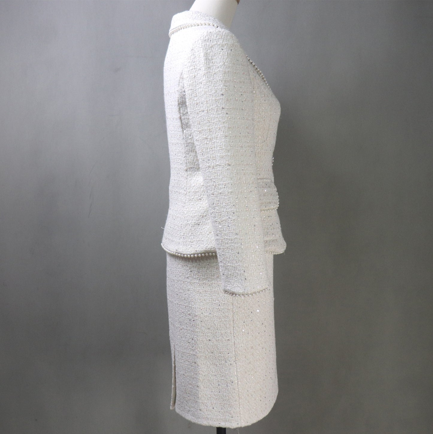 Tweed Cream White Suit With Sequins & Pearls Trim