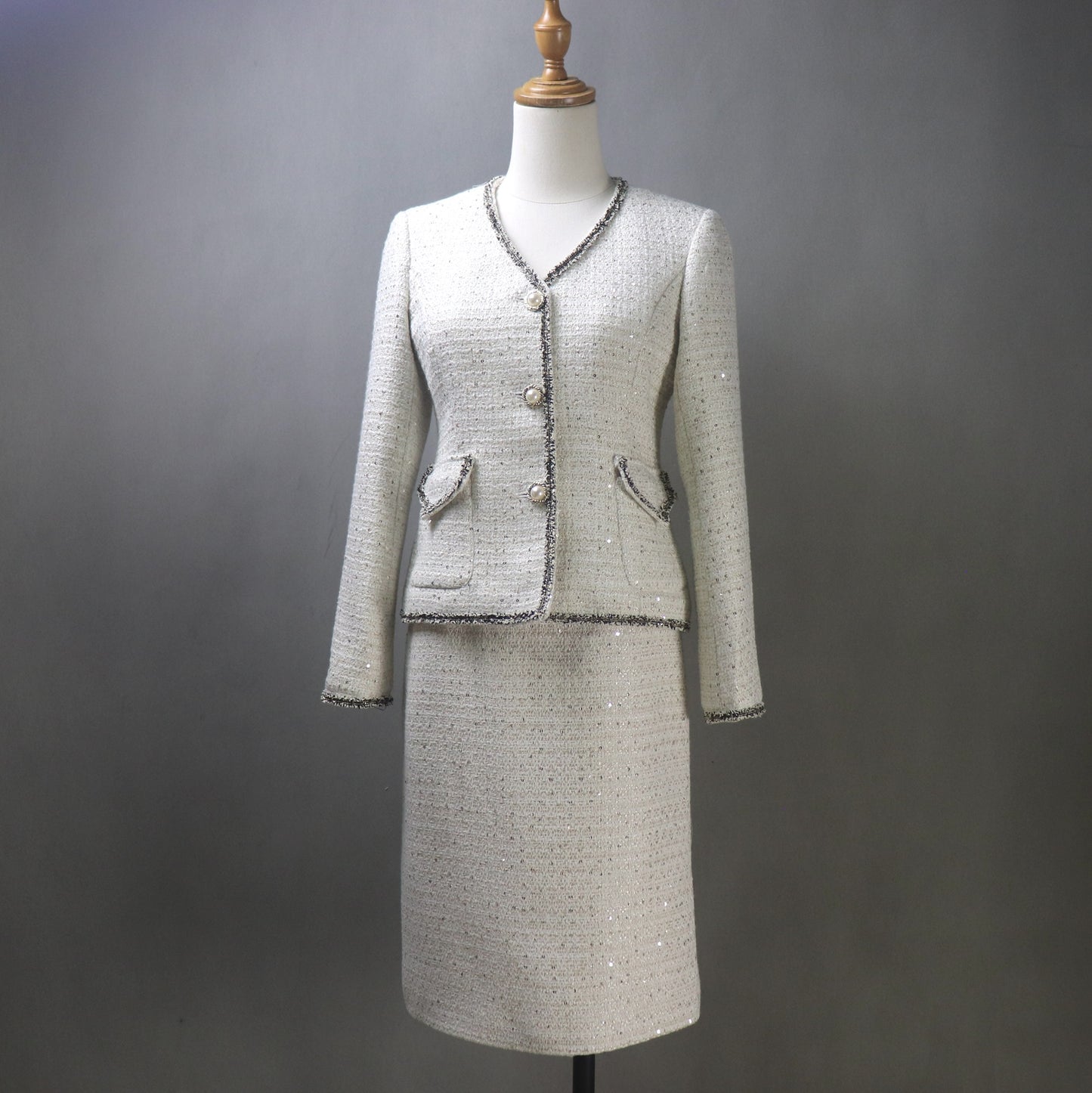 Beige Tweed Skirt Suit with V Neck and Sequins