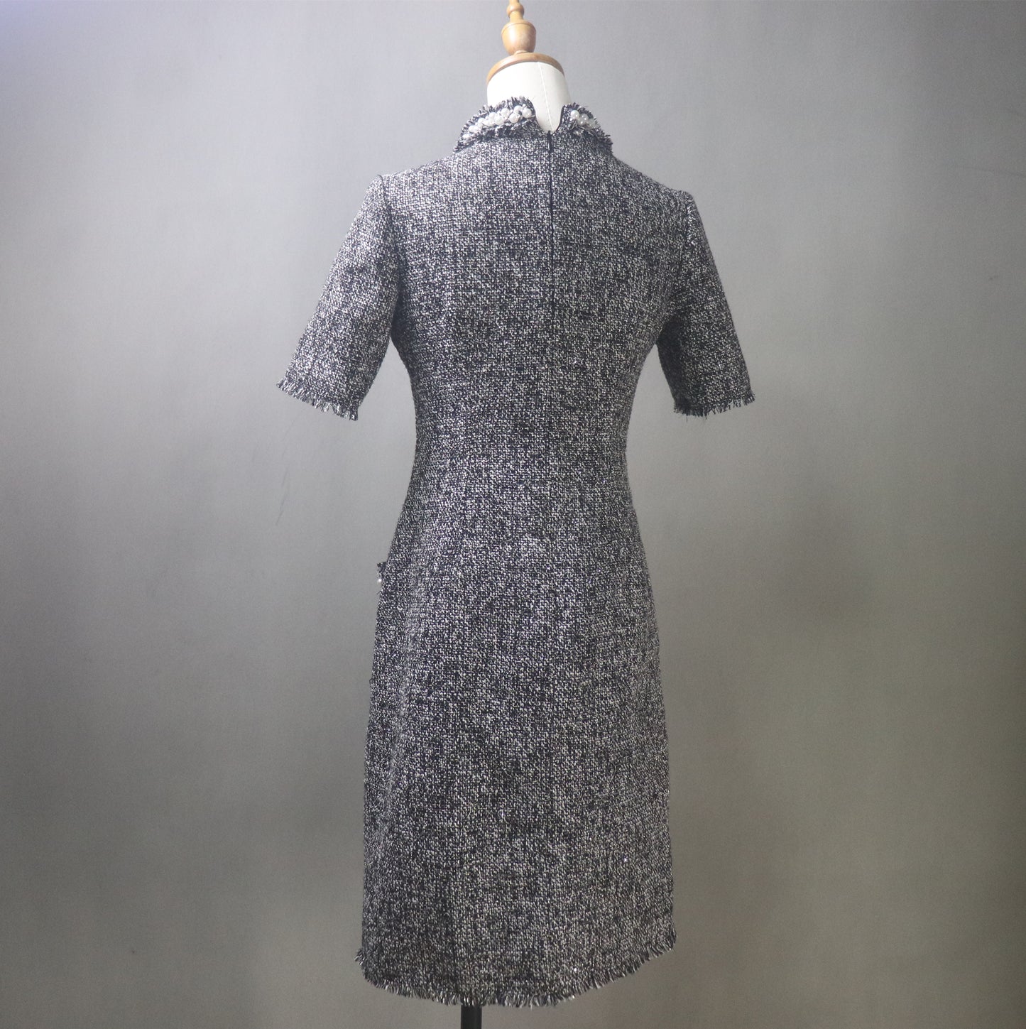 Custom Made Black Tweed Midi Dress with Pearls Trim