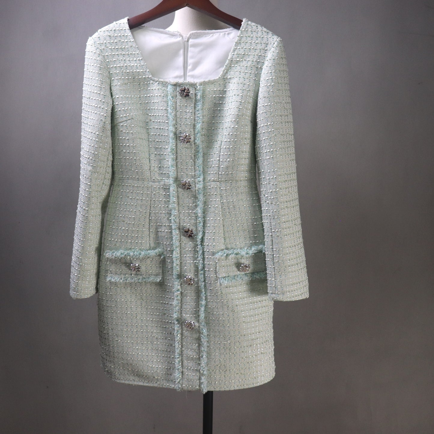 Custom Pink Tweed Dress – Made to Order Square Neck Shift with Crystal Buttons & Sequins