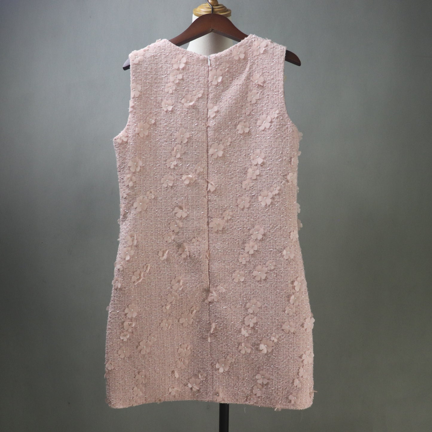 Light Pink Tweed Dress with 3D Flower Embellishments – Custom Made Mini to Midi Dress, long sleeves, Plus Sizes