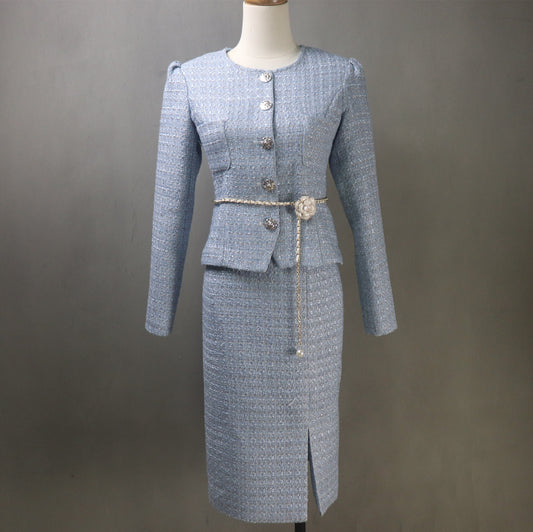 Blue Tweed Long Skirt Suit with a Flower Belt