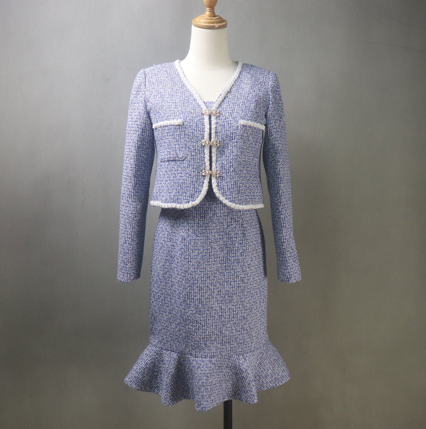 Custom Made Blue Suit / Plus Sizes/ Tweed Jacket + Fishtail Dress