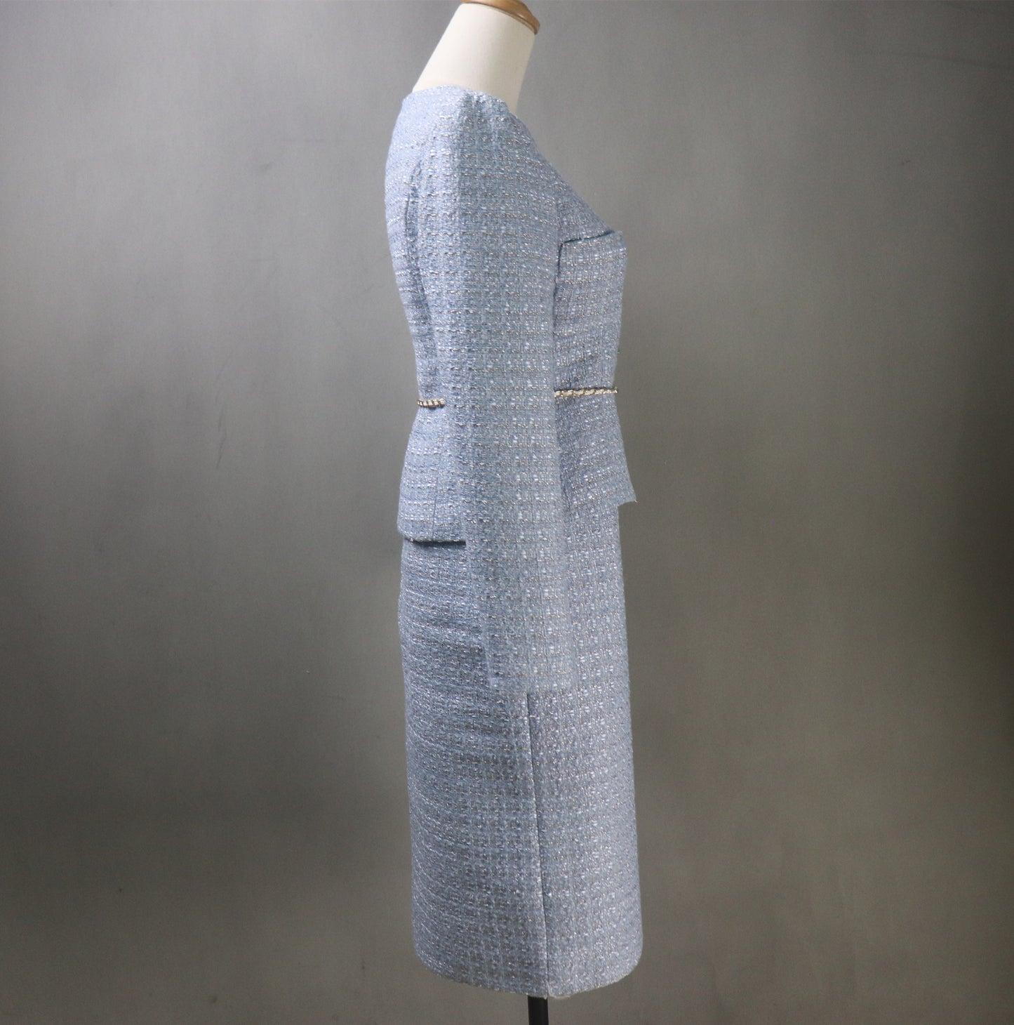 Blue Tweed Long Skirt Suit with a Flower Belt