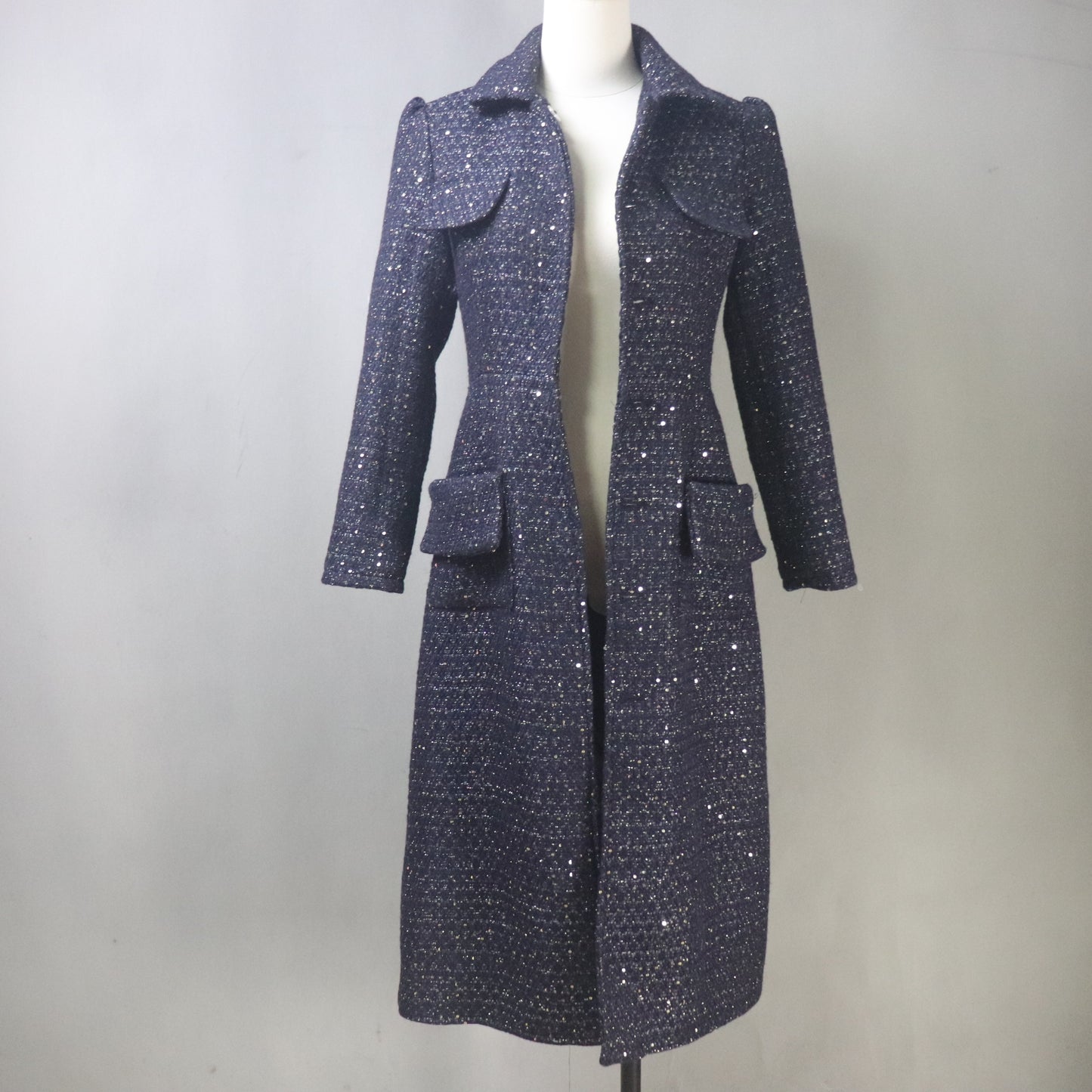 Navy Sequinned Tweed Dress and Long Coat Set, Made-to-Measure, Any length