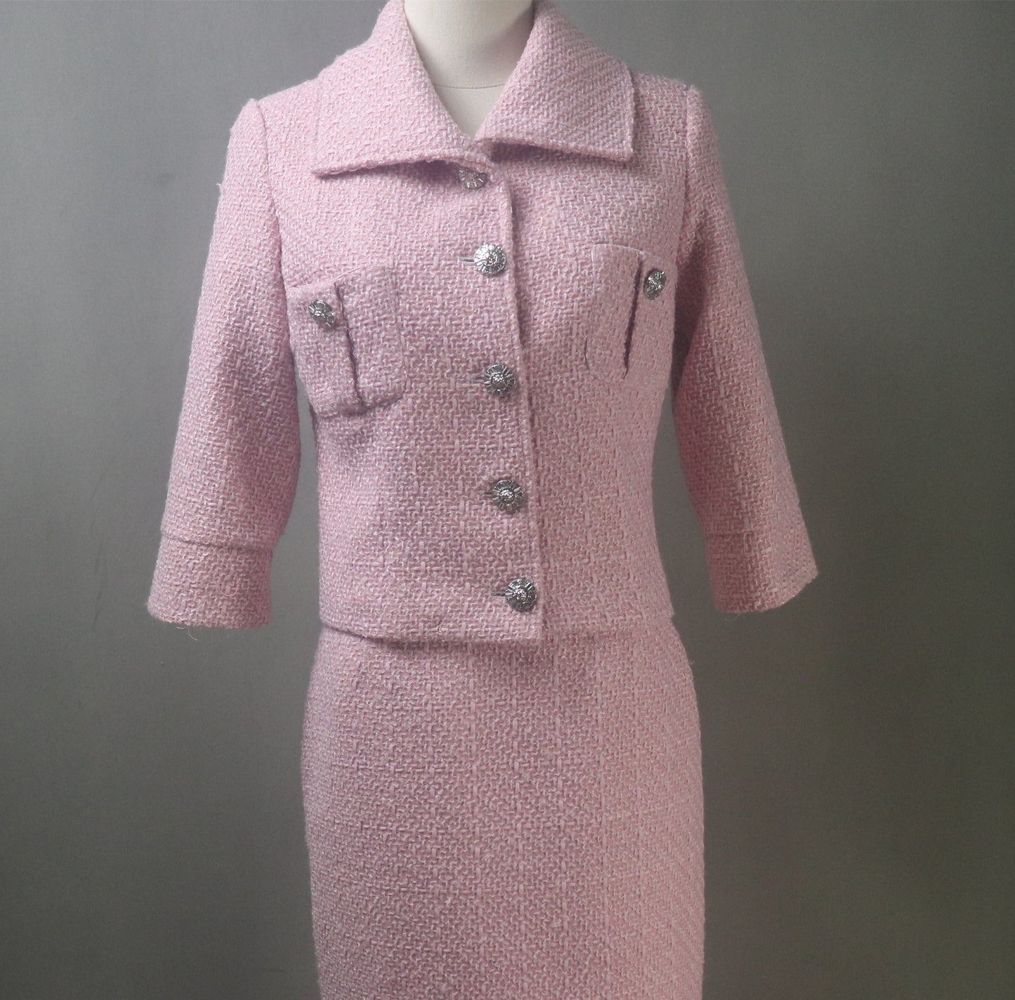 Women Pink Tweed Skirt Suit with Crop Sleeves