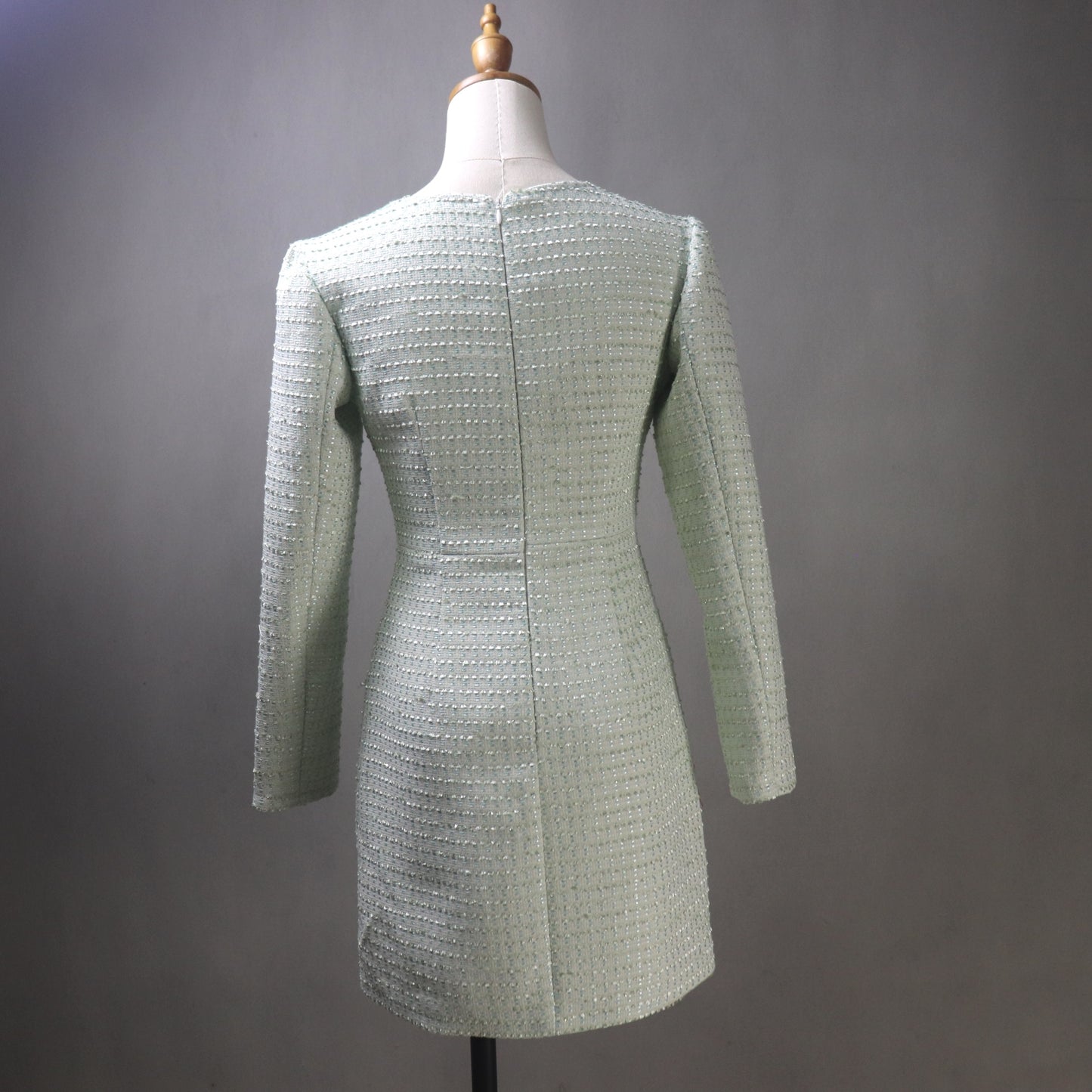 Custom Pink Tweed Dress – Made to Order Square Neck Shift with Crystal Buttons & Sequins