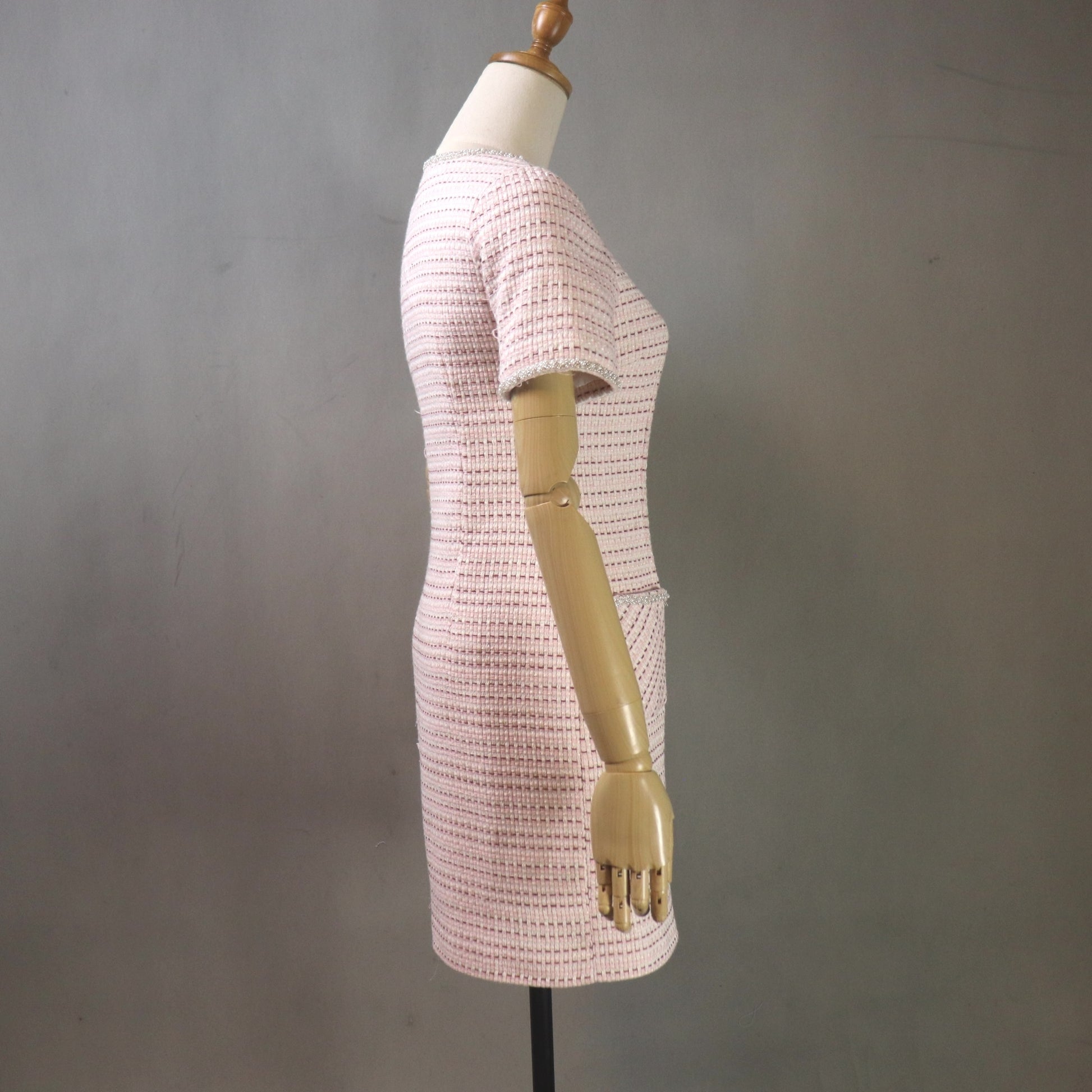 Side view of tailored pink tweed knee length dress, flattering fitted silhouette custom size mini to midi length