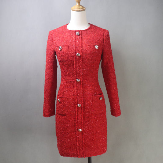 Red Tweed Long Sleeves Dress / Plus Size / Custom Length Options