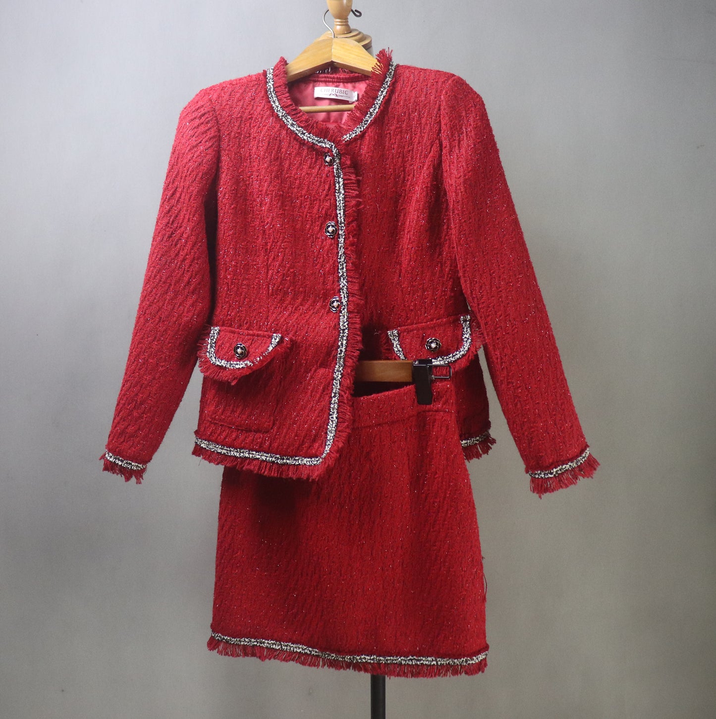 Custom Made Red Tweed Suit Jacket + Skirt