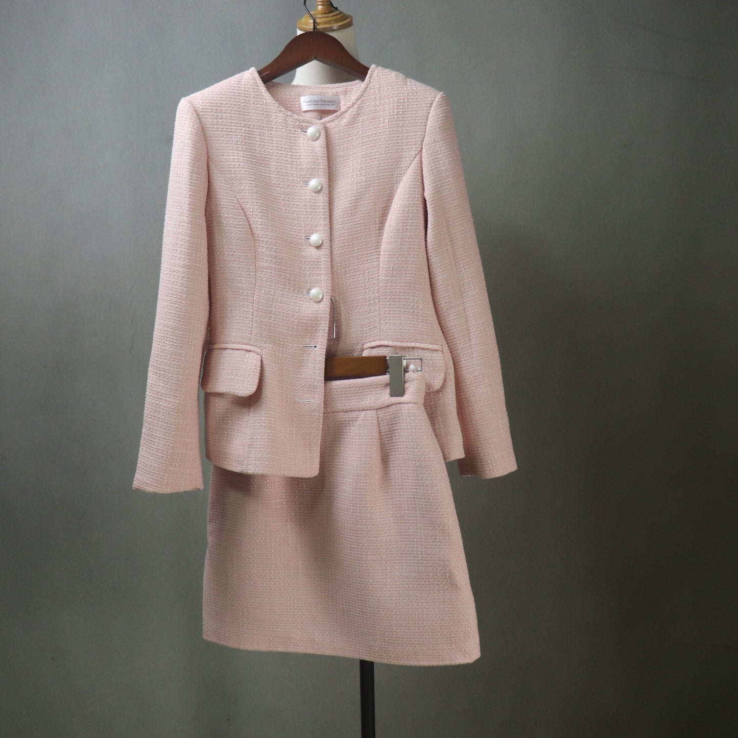 Custom Pink Tweed Skirt Suit: Pearl Button Jacket, Any length Skirt