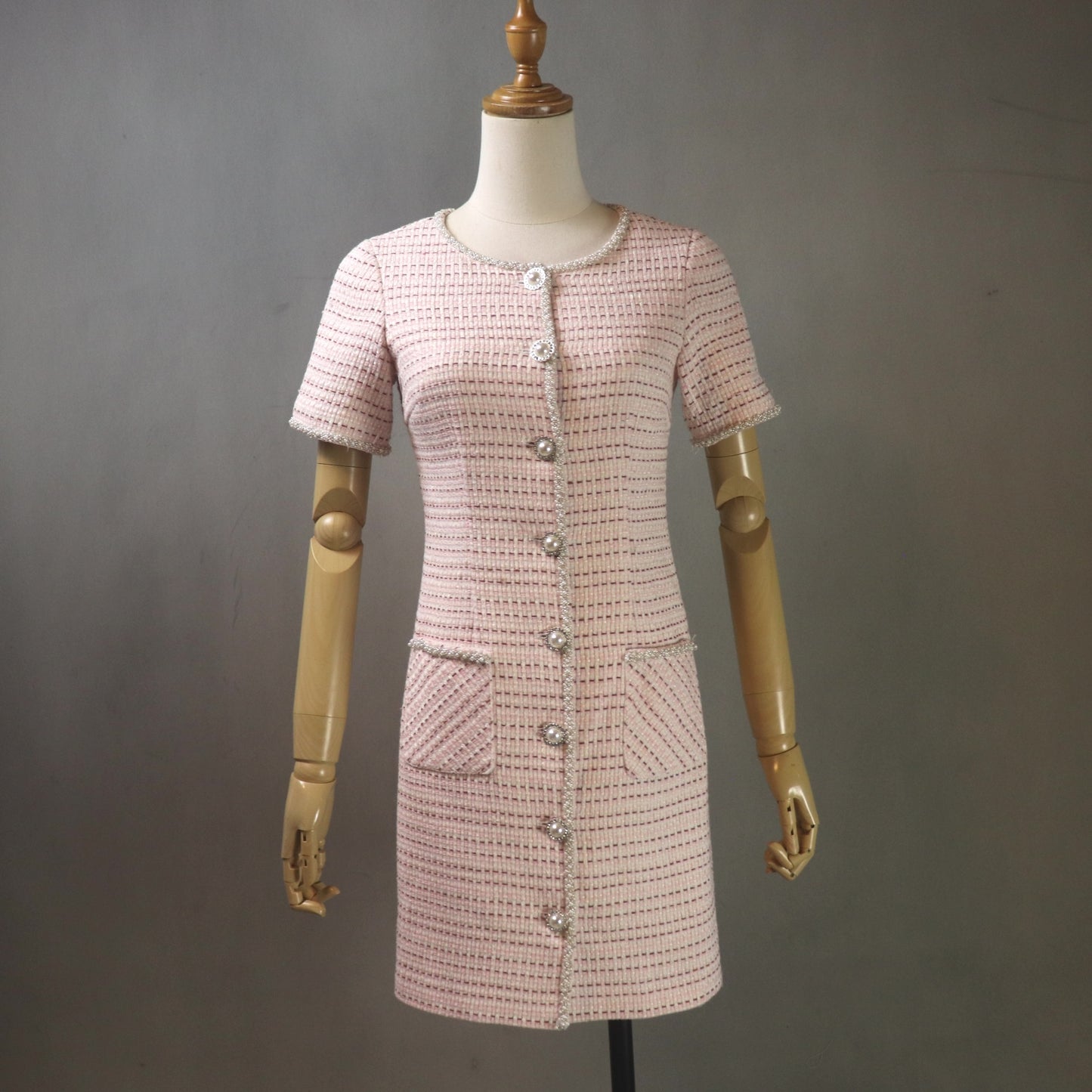 Knee length pink tweed dress with front pearl buttons and textured fabric, custom made women’s dress available in any size and length
