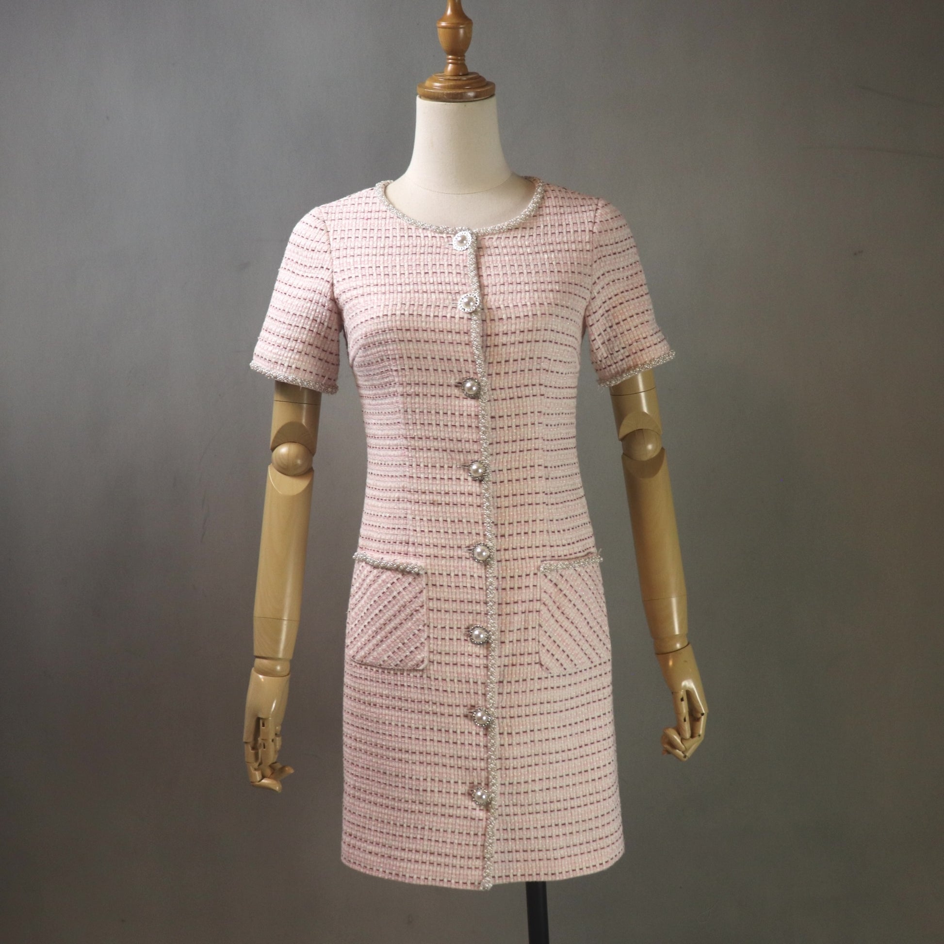 Knee length pink tweed dress with front pearl buttons and textured fabric, custom made women’s dress available in any size and length