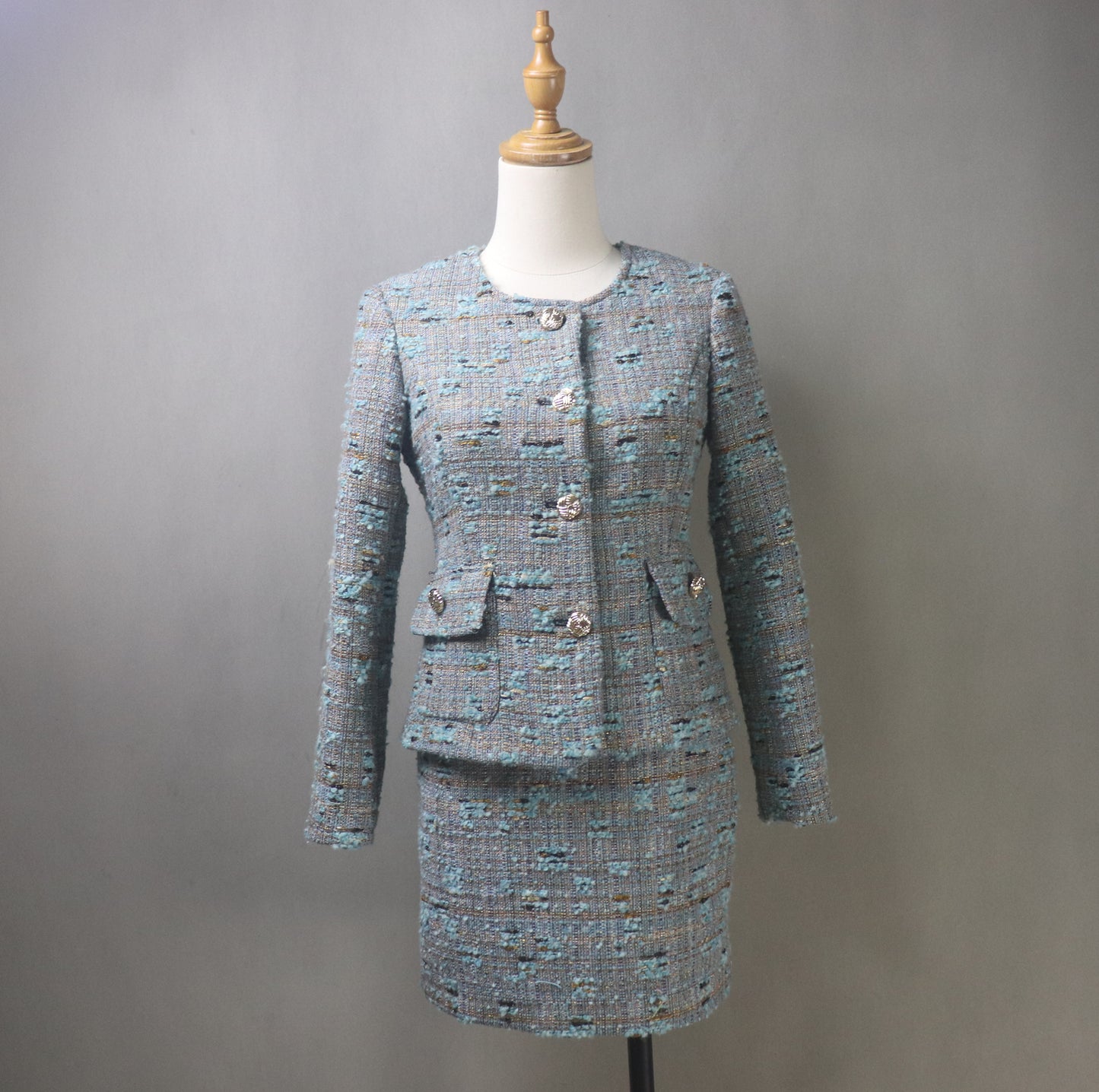 Grey Teal Tweed Skirt Suit