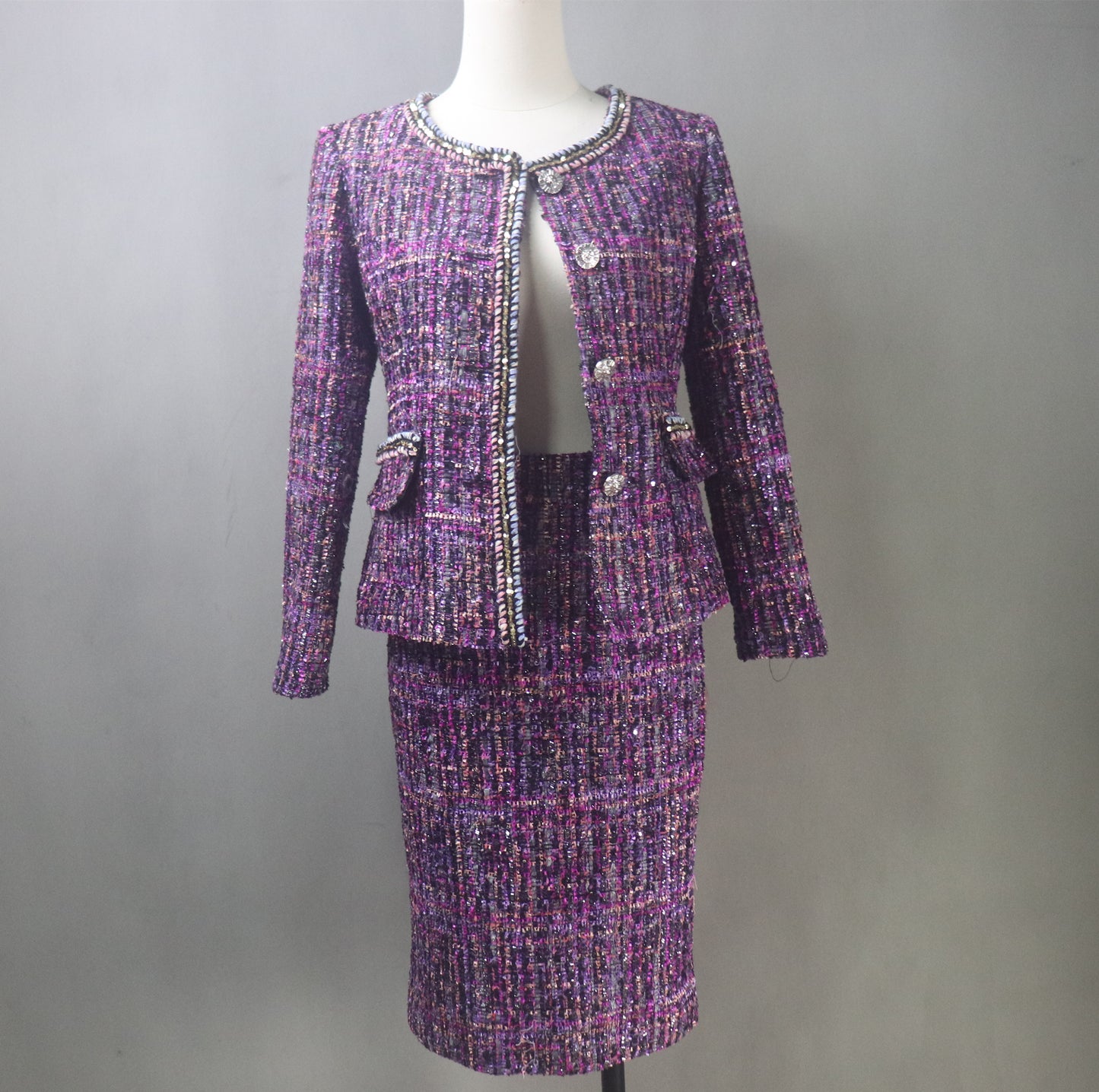 Purple Tweed Long Skirt Suit / Custom Made / Plus size Suit