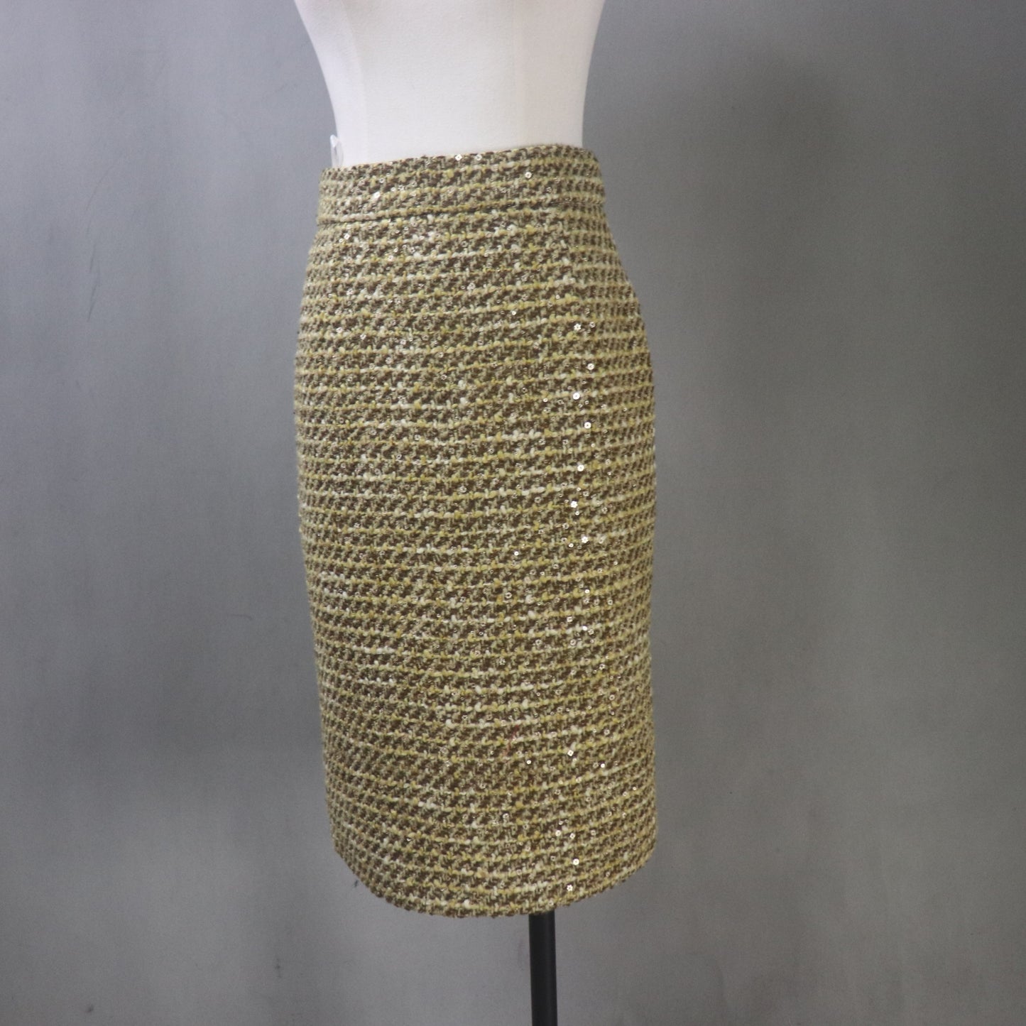 Gold Yellow Brown Tweed Skirt Suit with Sequins, Pearl Trim & Buttons – Custom Made, Any Length