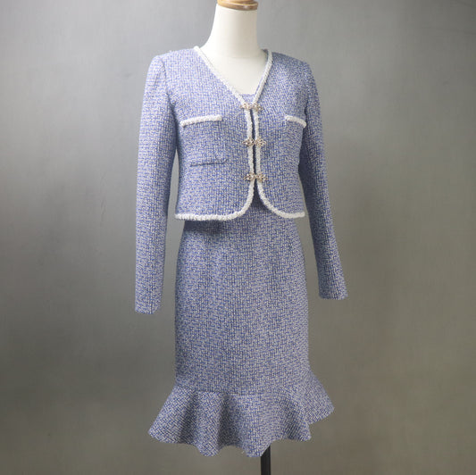 Custom Made Blue Suit / Plus Sizes/ Tweed Jacket + Fishtail Dress