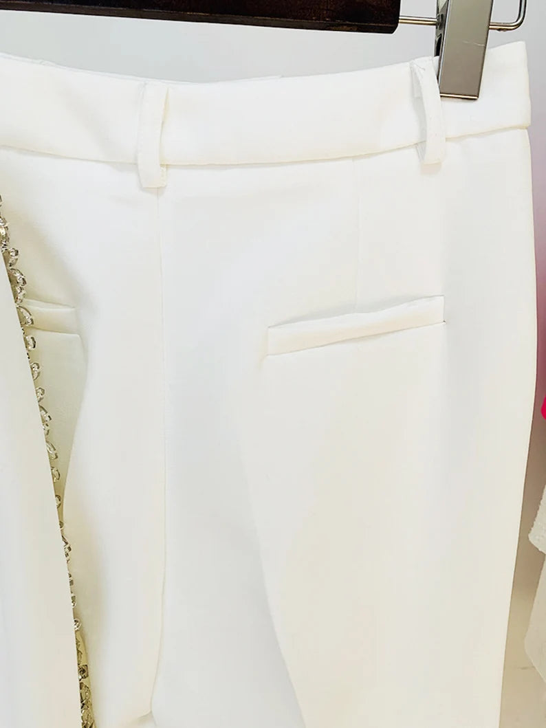 Women's White Mid-High Waist Pants with White Bling Bling Diamonds Decoration Fitted Blazer is designed to give this blazer a touch of nautical appeal, and the ponte construction gives it a casual yet refined look that makes it suitable for your professional everyday office work. Occasion: Perfect for hangouts, dating nights, business travels, meetings, formal events, weddings, and other special occasions.