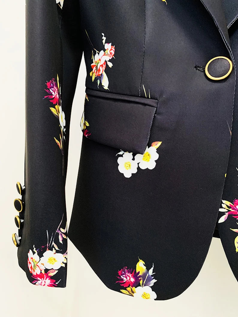 Black Floral Suit Fitted Blazer + Flare Trousers