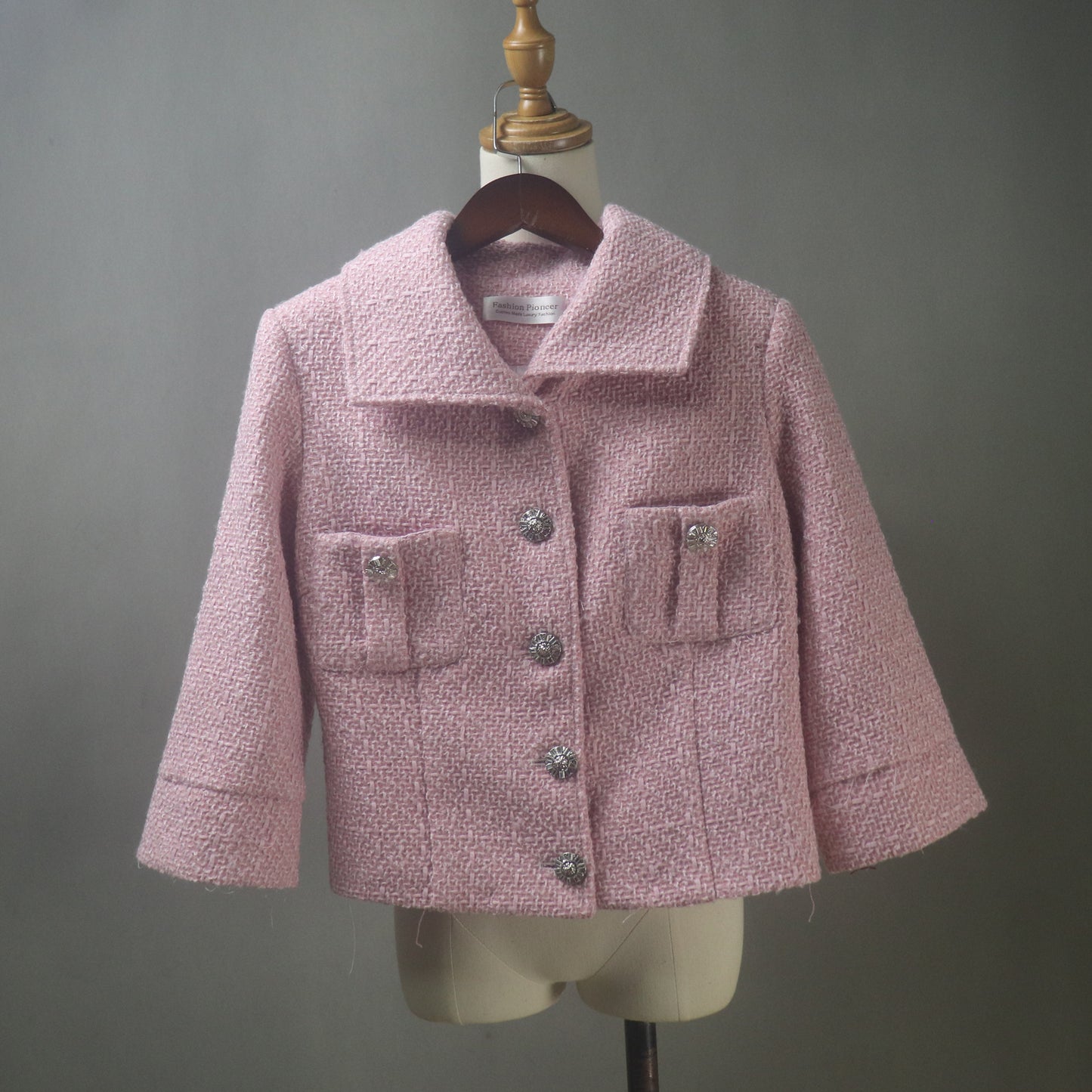 Women Pink Tweed Skirt Suit with Crop Sleeves