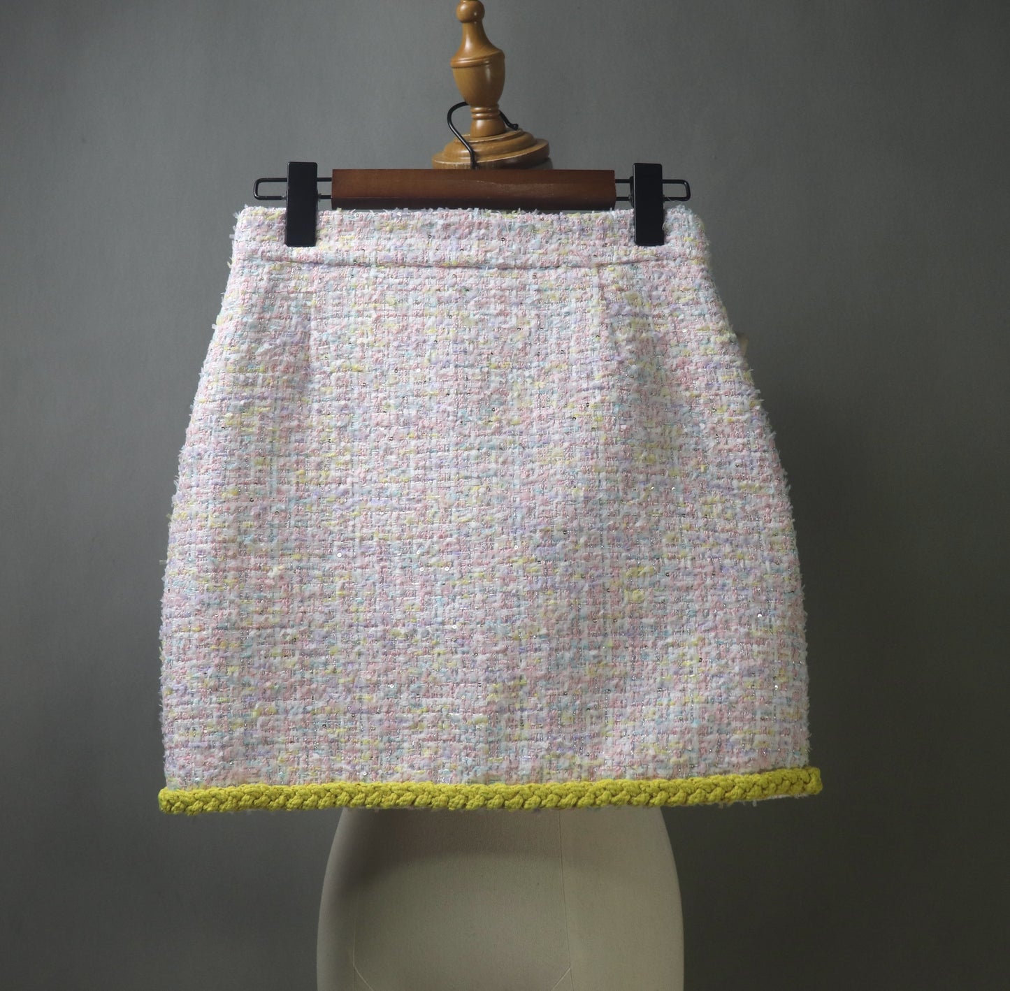 Pink Yellow Tweed Skirt Suit with Sequins