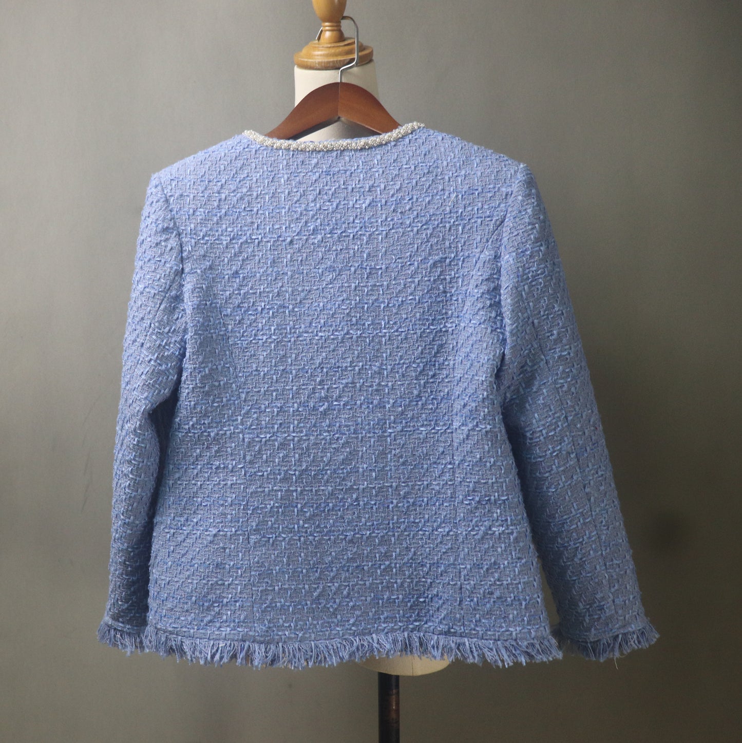 Blue Tweed Skirt Luxury Suit with Pearls