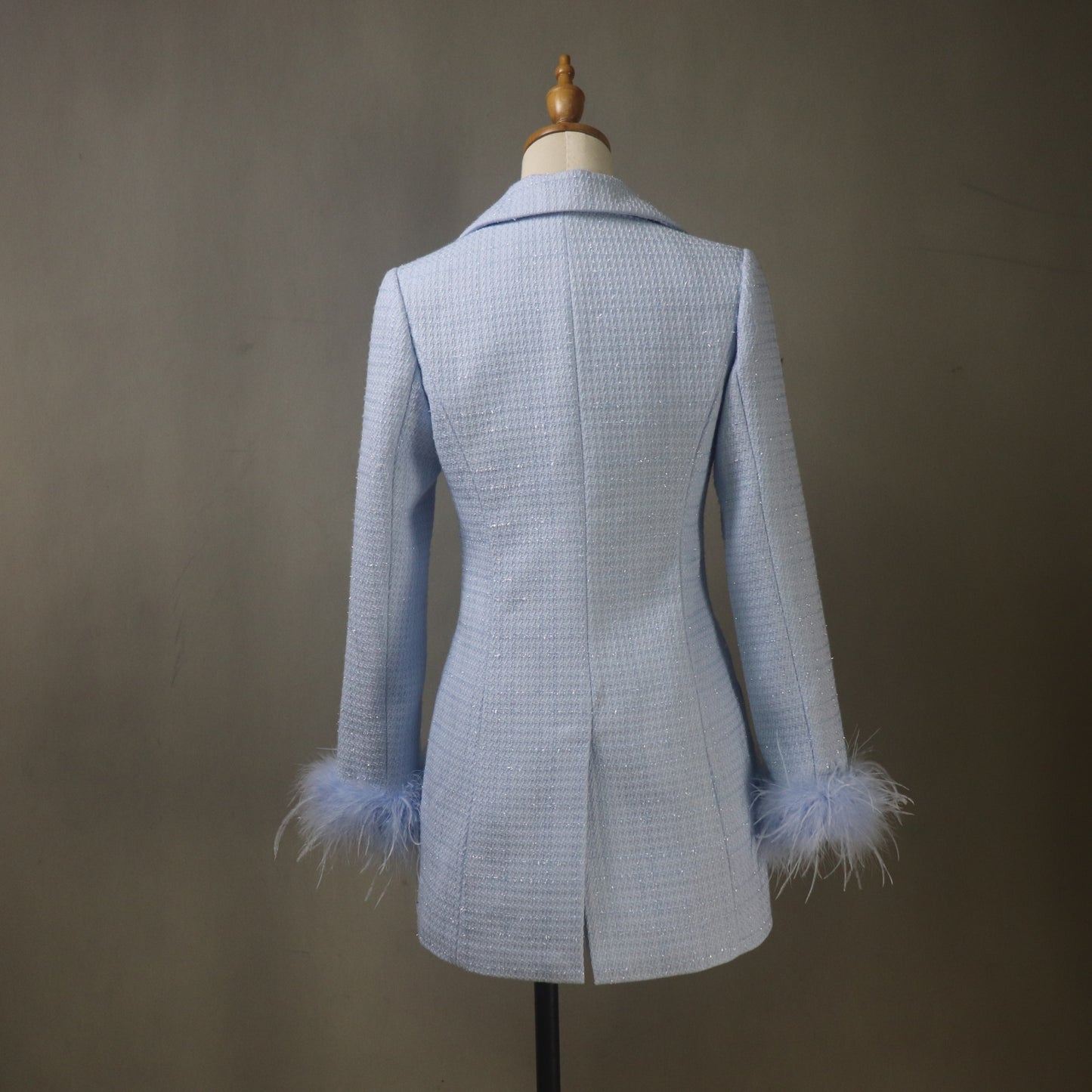 Custom Made Blue Tweed Suit Set with Feather Trim