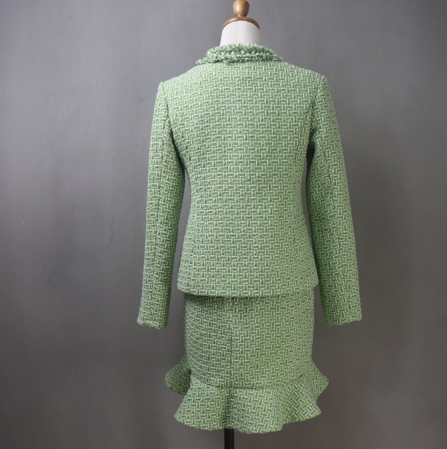 Lime Cream Tweed Fishtail Skirt Suit with Tassel Fringe & Pearls