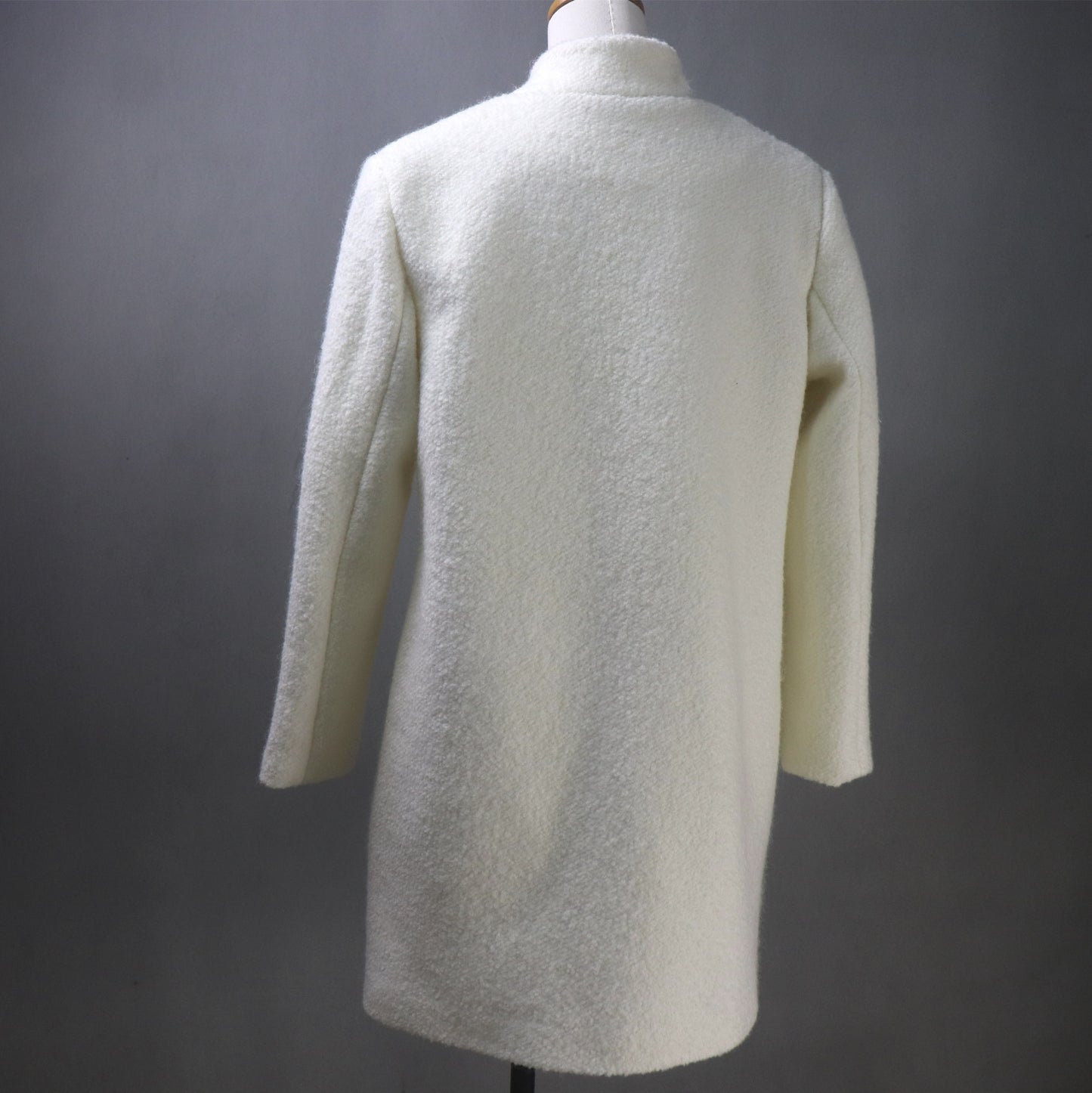 White Wool Loose Fit Long Coat with Stand-Up Collar