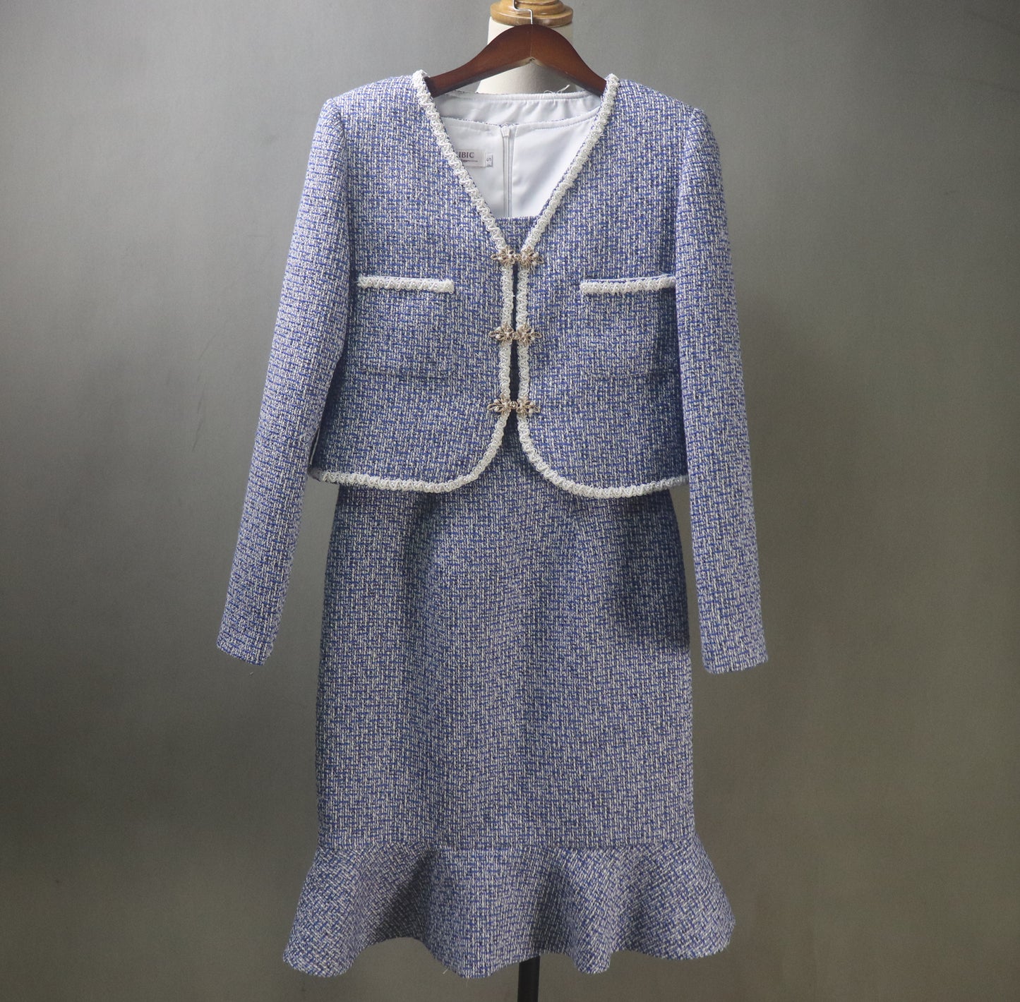 Custom Made Blue Suit / Plus Sizes/ Tweed Jacket + Fishtail Dress