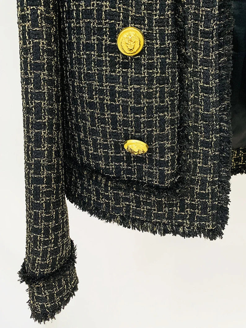The Women's Black Tweed Jacket Coat Blazer is a custom-made work of elegance that highlights the wearer's grace and sense of style. The traditional tweed fabric is given a feminine touch by the delicate black colour, resulting in a jacket that expertly combines sophistication and a contemporary style. This well fitted jacket coat is a flexible addition to any woman's collection because of its tailored fit, which flatters the silhouette.