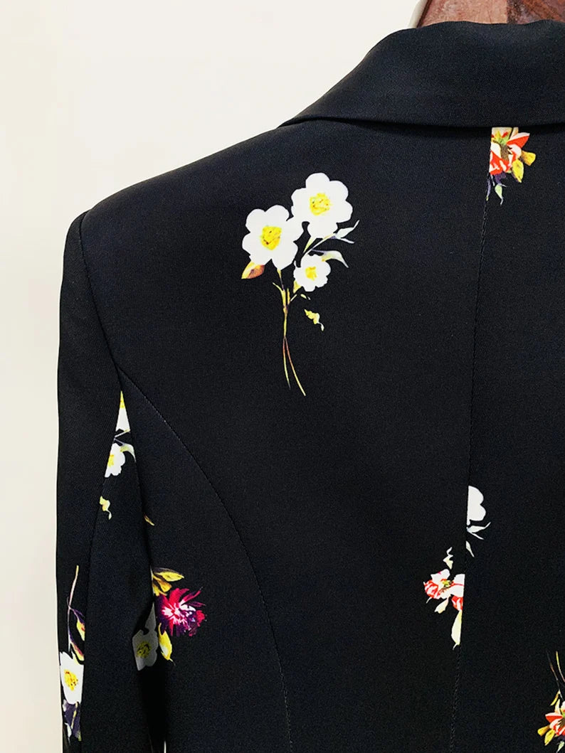 Black One Button Deep V Neck Floral Fitted Blazer + Flare Trousers Black Pants Suit for Ladies