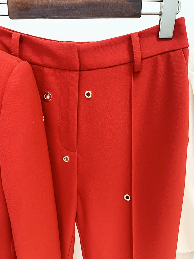 Women's Mid-High Rise Flare Trousers with Handmade Metal Rings Blazer, Red Wedding Suit, Graduation Ceremony, Speech Day, UK  Thanks to the Big Metal Ring decoration, this ensemble never gets boring. Ideal for dress-up events like birthday parties, club outings, or dinner dates. even appropriate for costumed gatherings.