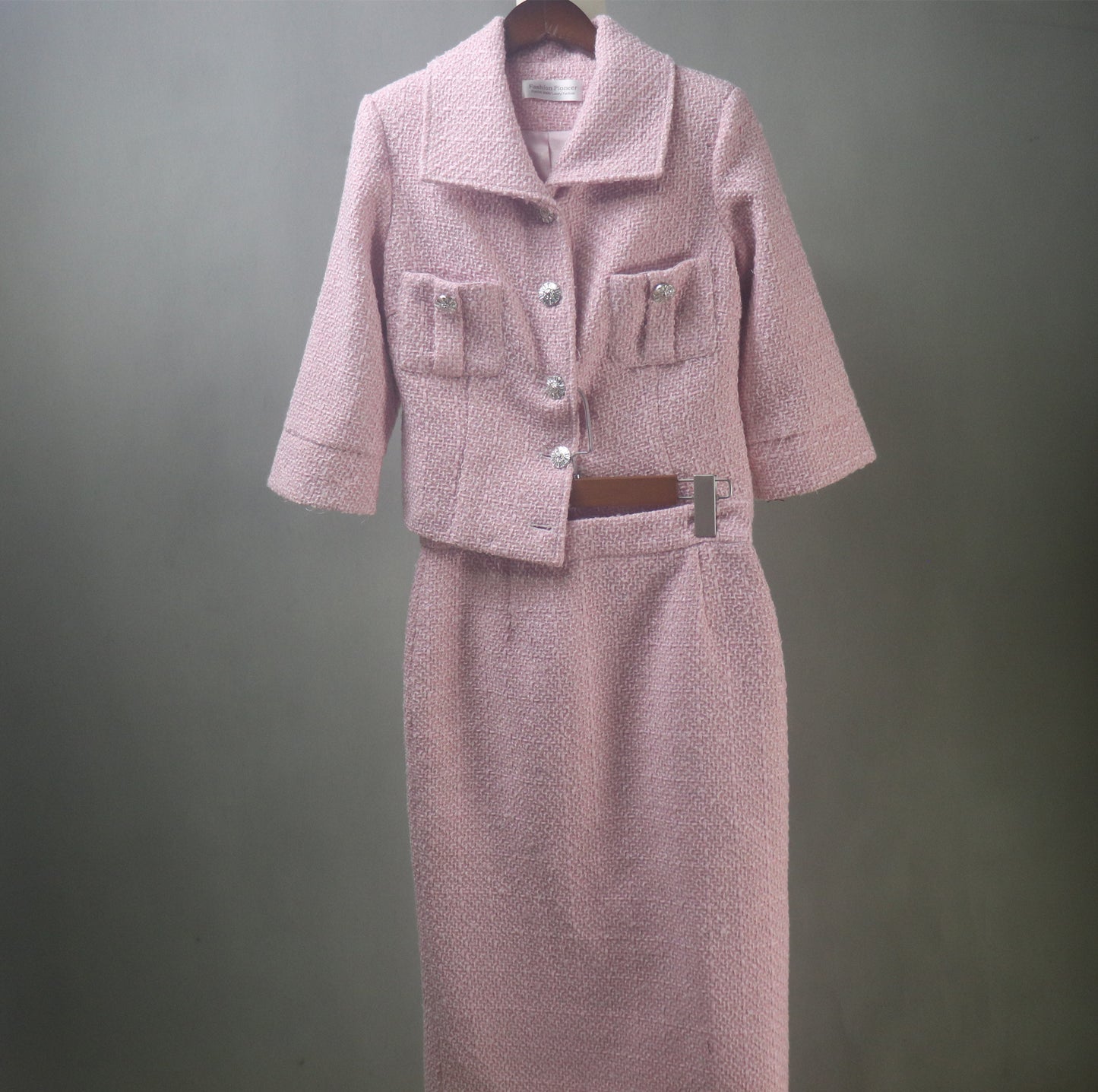 Women Pink Tweed Skirt Suit with Crop Sleeves