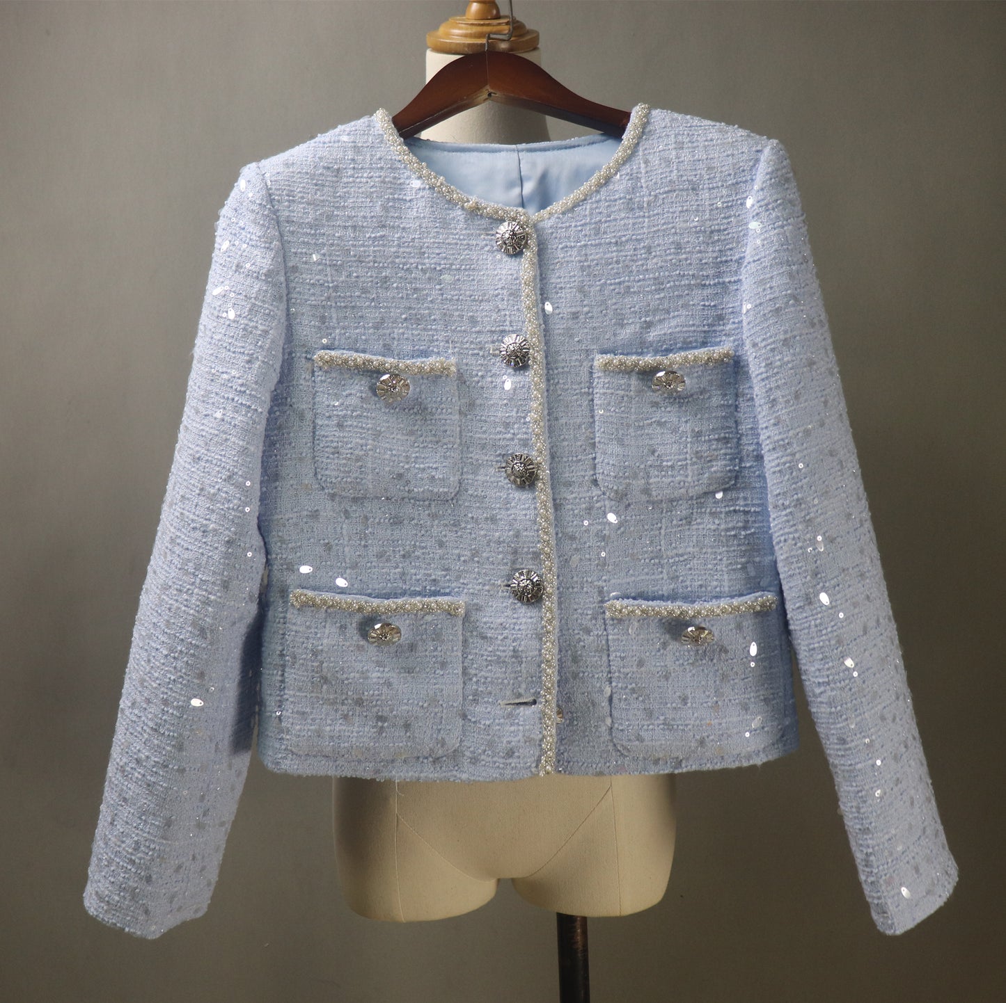 Bespoke Blue Tweed Skirt Suit with Big Sequins