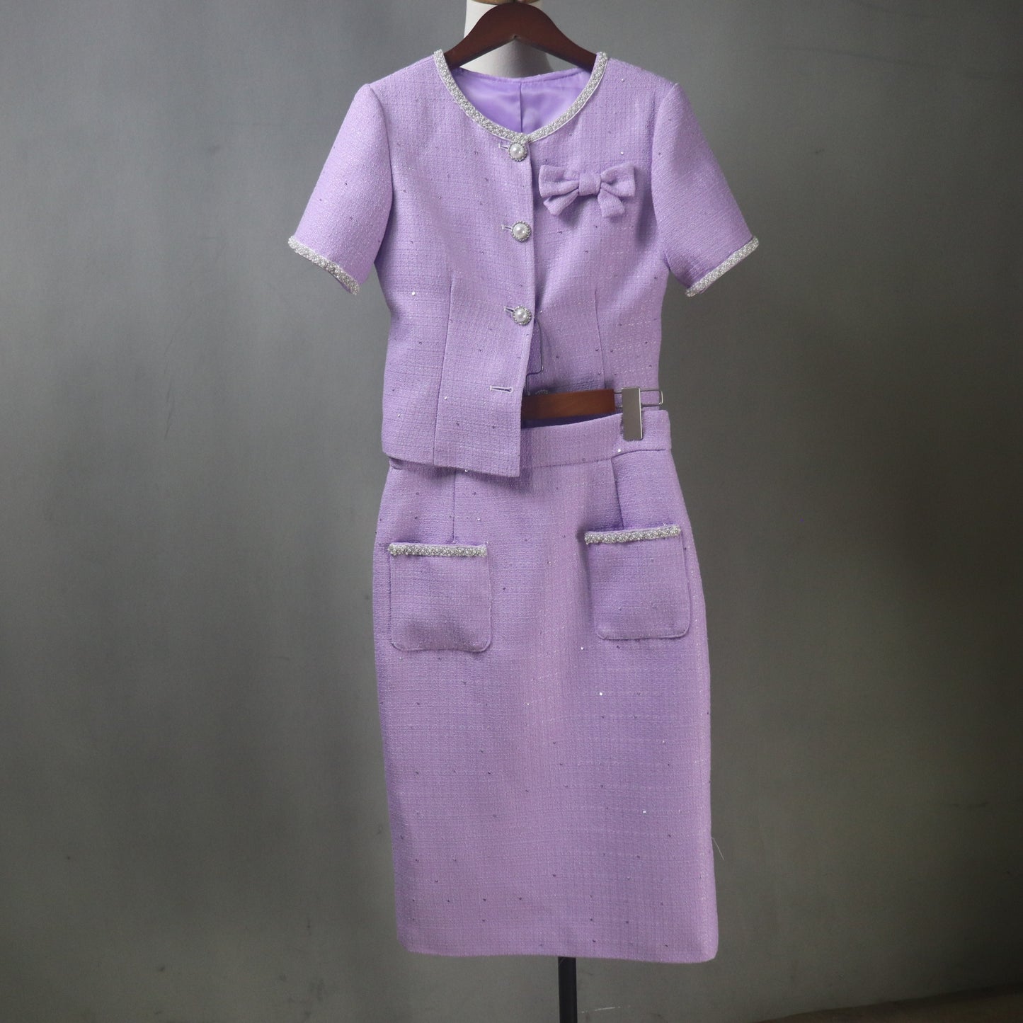 Custom Tweed Lilac Purple Suit Set | Made-to-Measure Jacket & Pencil Skirt | Any Length