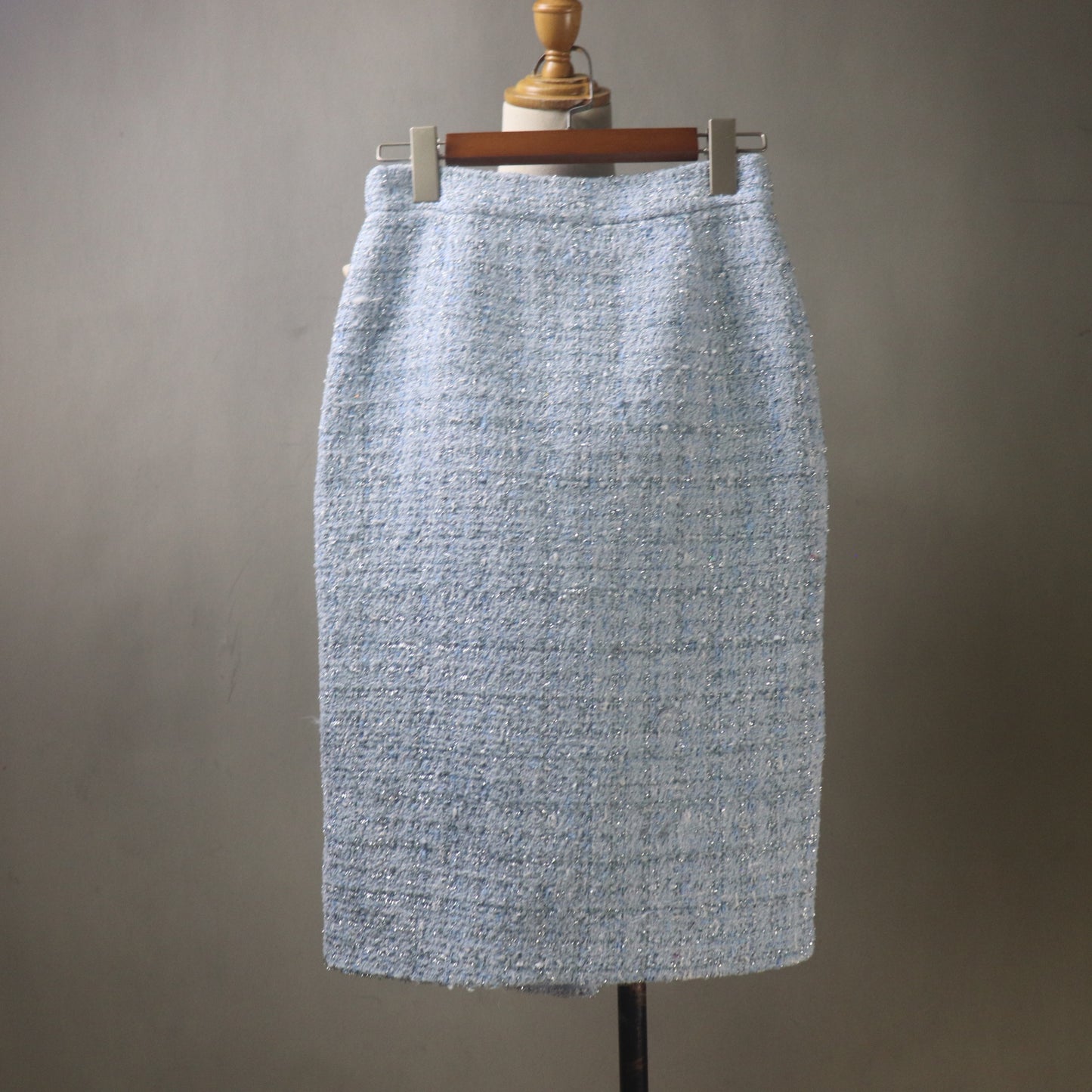 Blue Tweed Midi Skirt Suit with Pearls & Sparkle