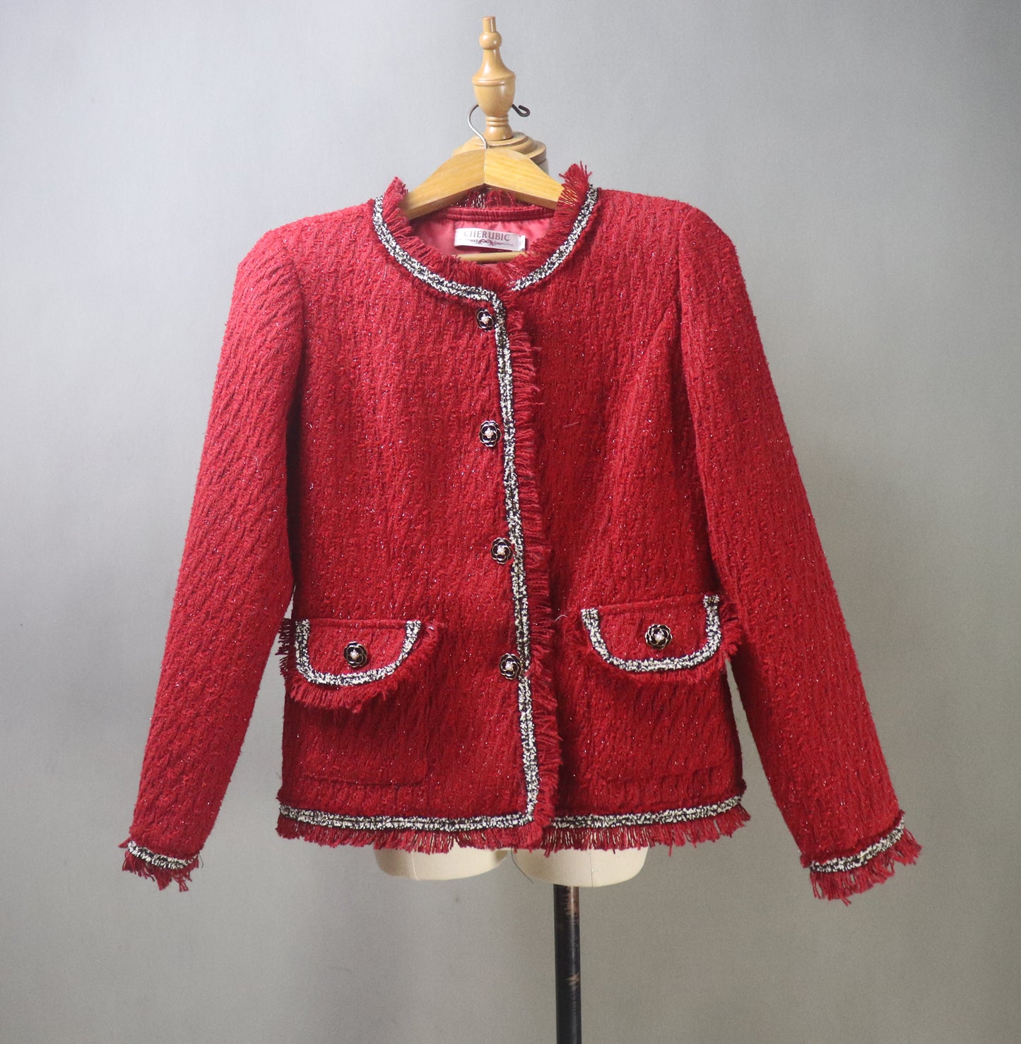 Custom Made Red Tweed Suit Jacket + Skirt